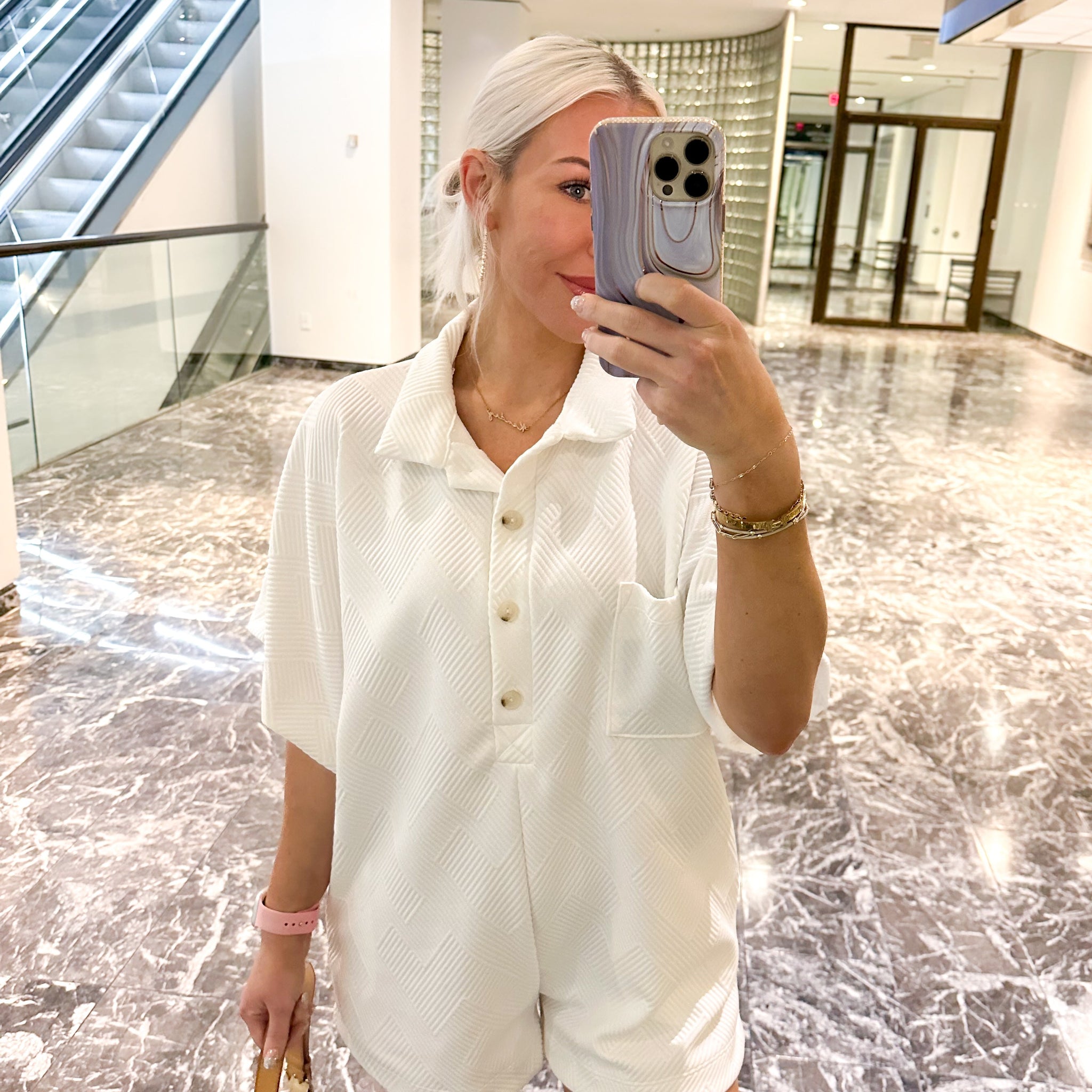 White Textured Button Up Romper