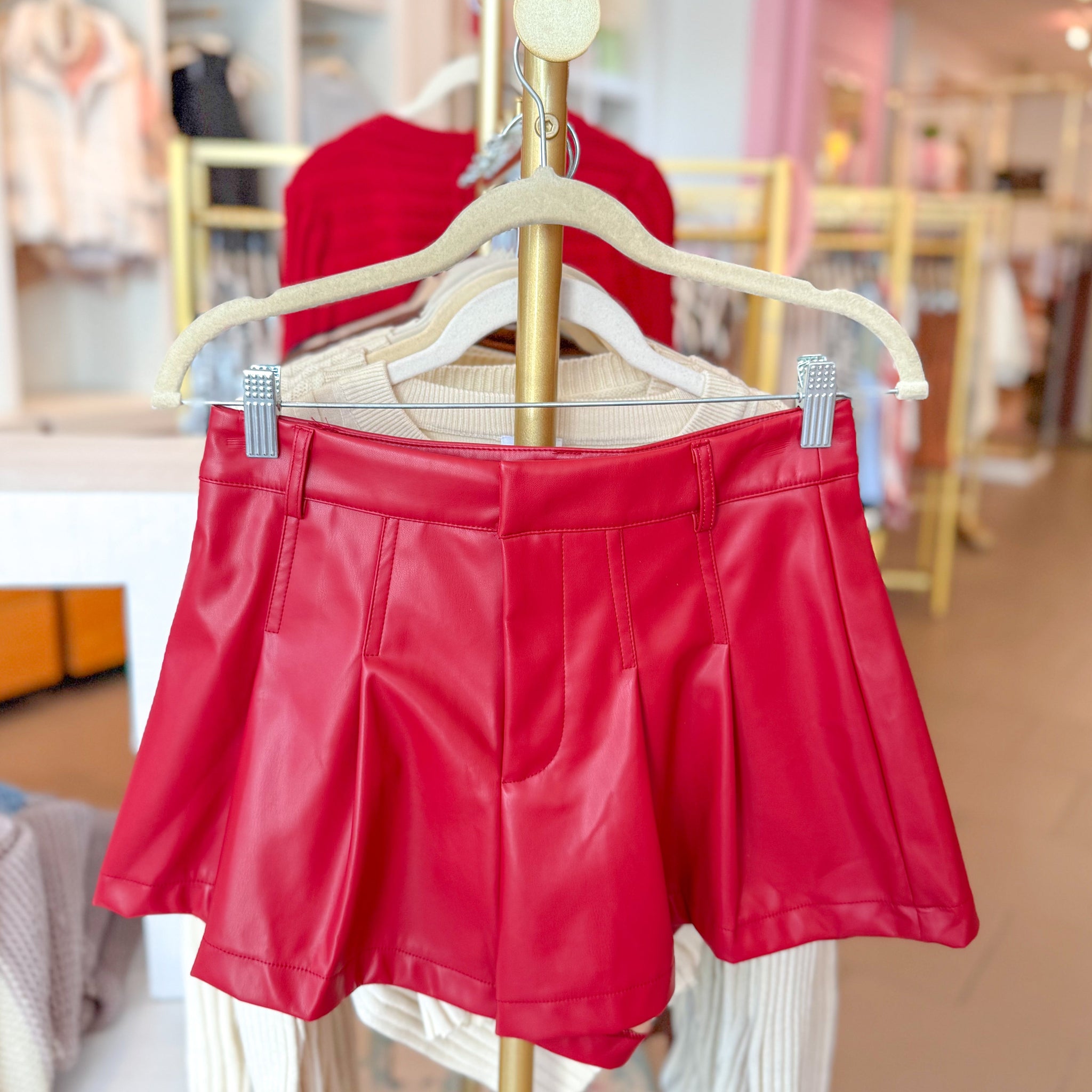 Red Faux Leather Shorts