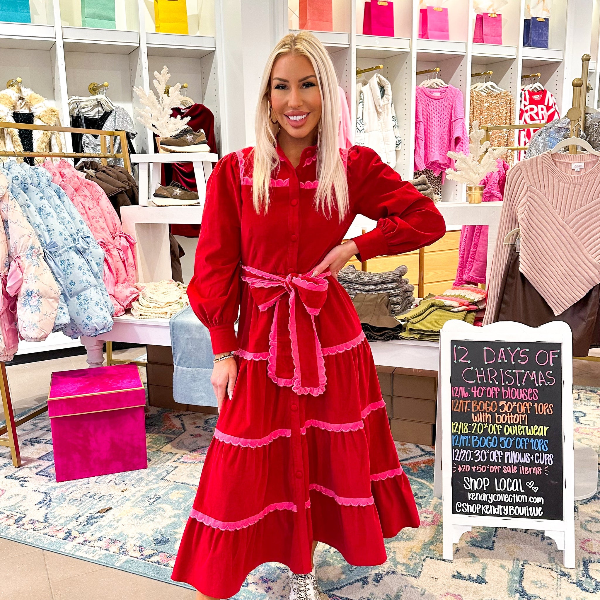 Red and Pink Tiered Scalloped Detail Long Sleeve Midi Dress