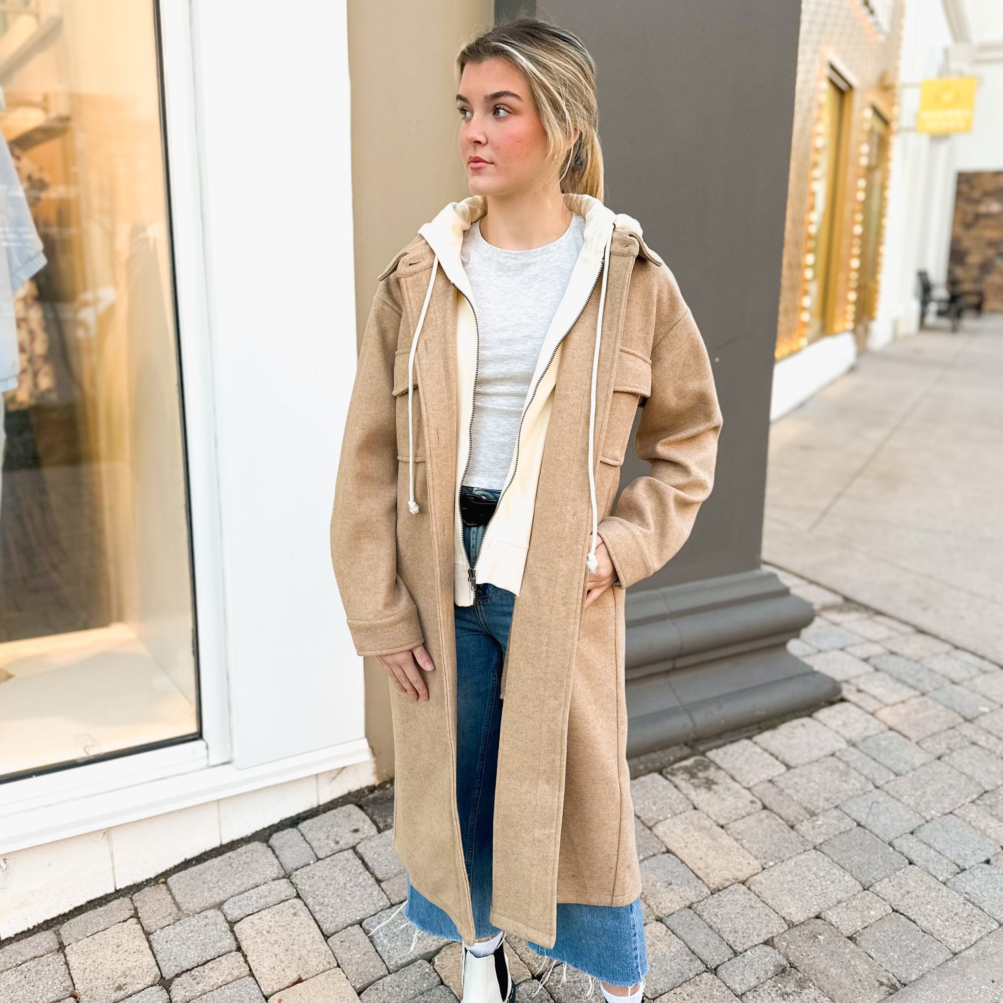 Mocha Longline Jacket With Built In Hoodie