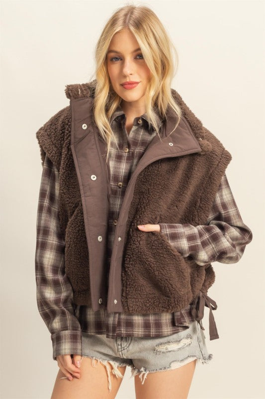 Brown Oversized Sherpa Button Up Vest