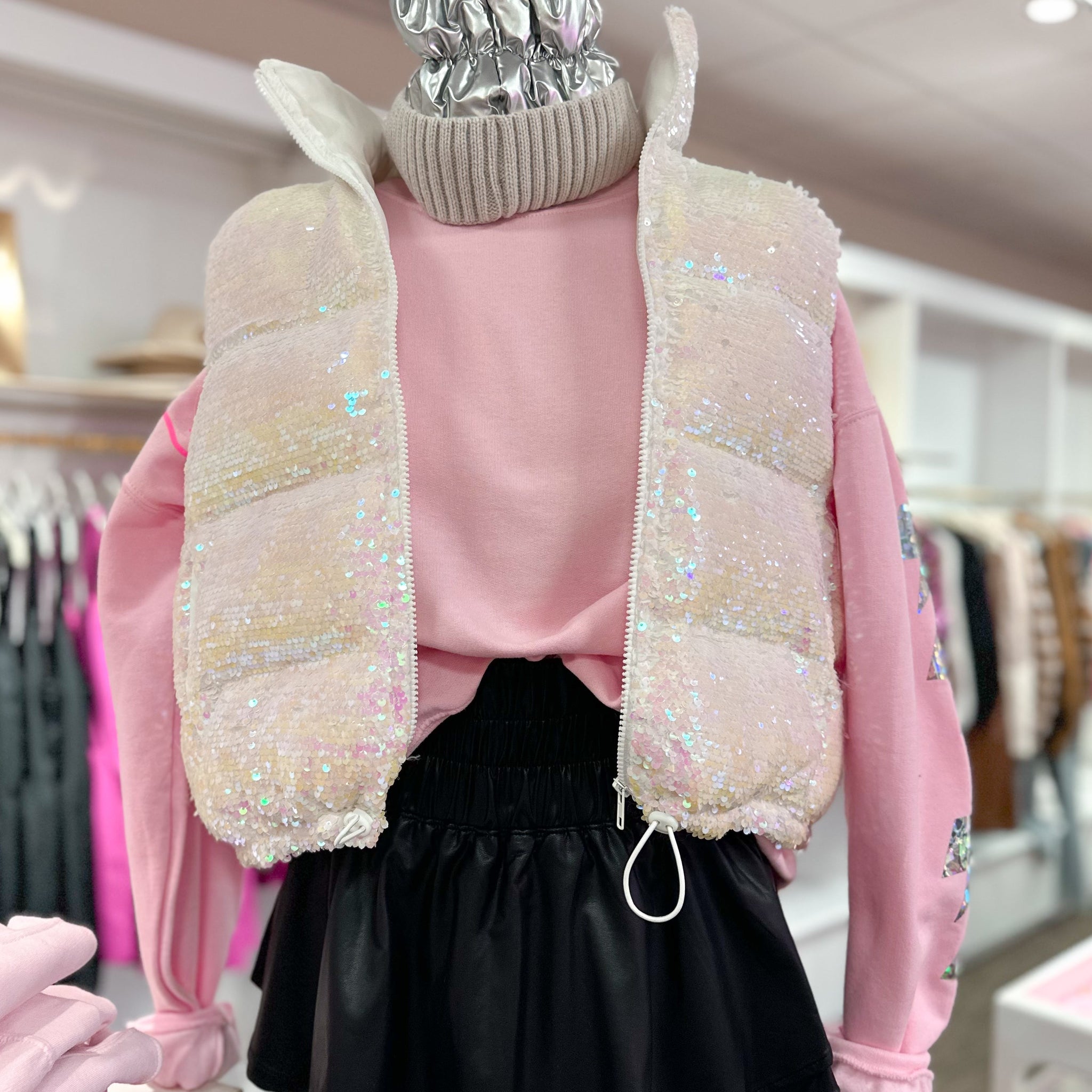 White Sequin Puffer Vest