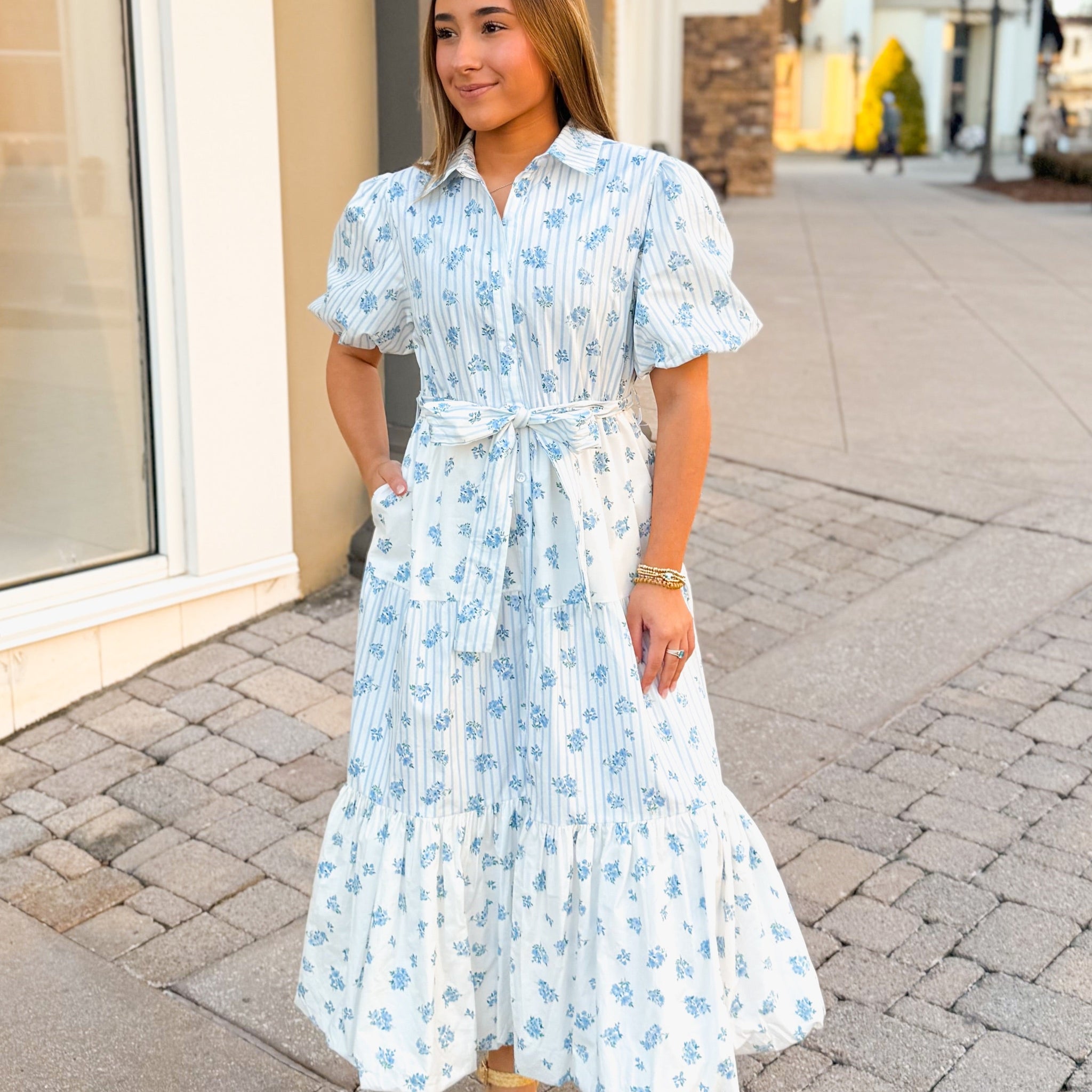 Blue Floral Print Puff Sleeve Midi Dress