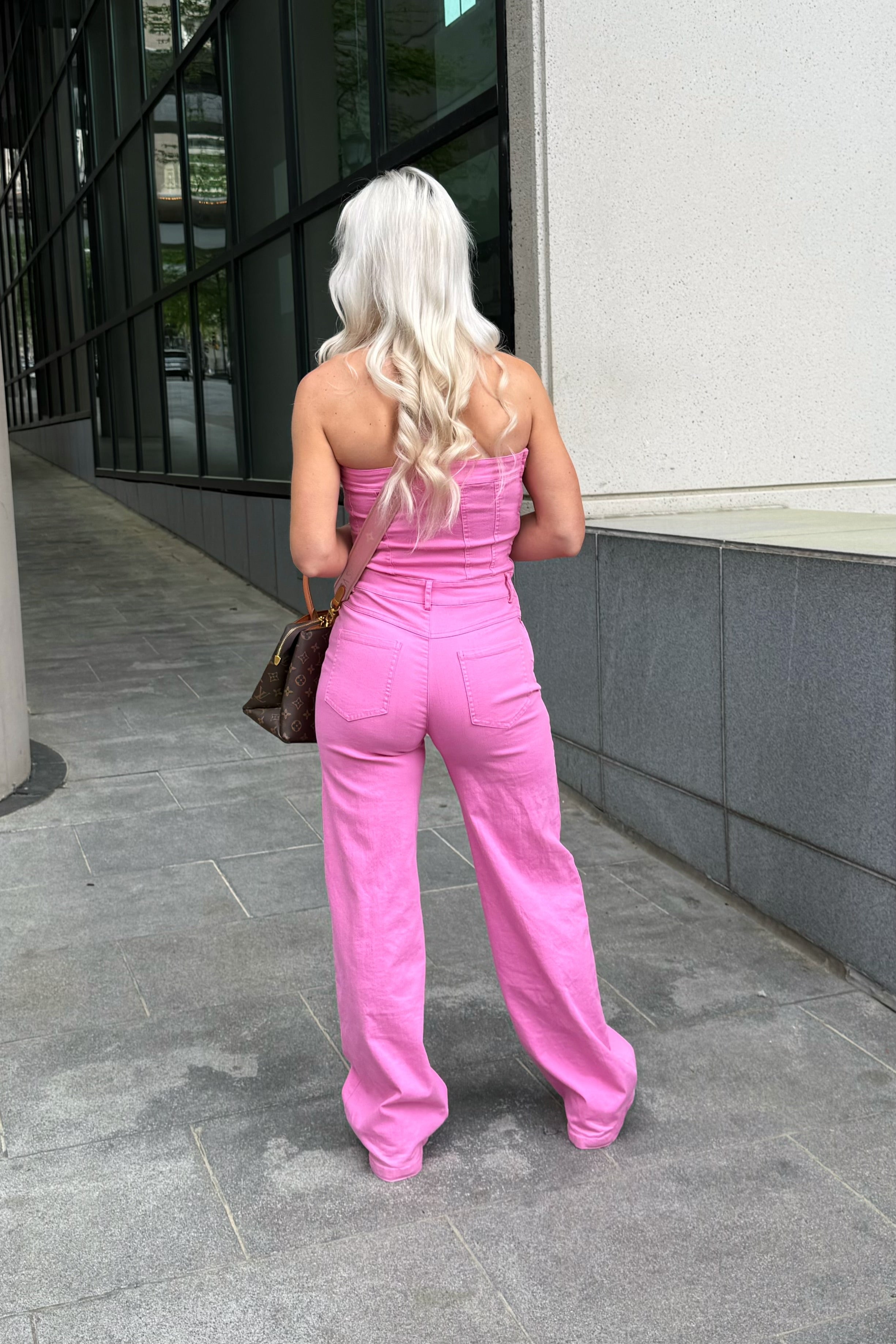 Hot Pink Denim Wide Leg Jumpsuit