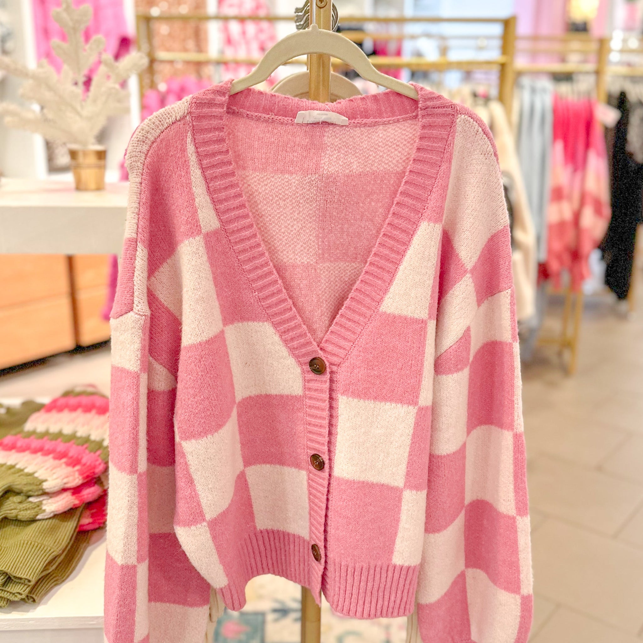 Pink and White Checkered Button Down Cardigan