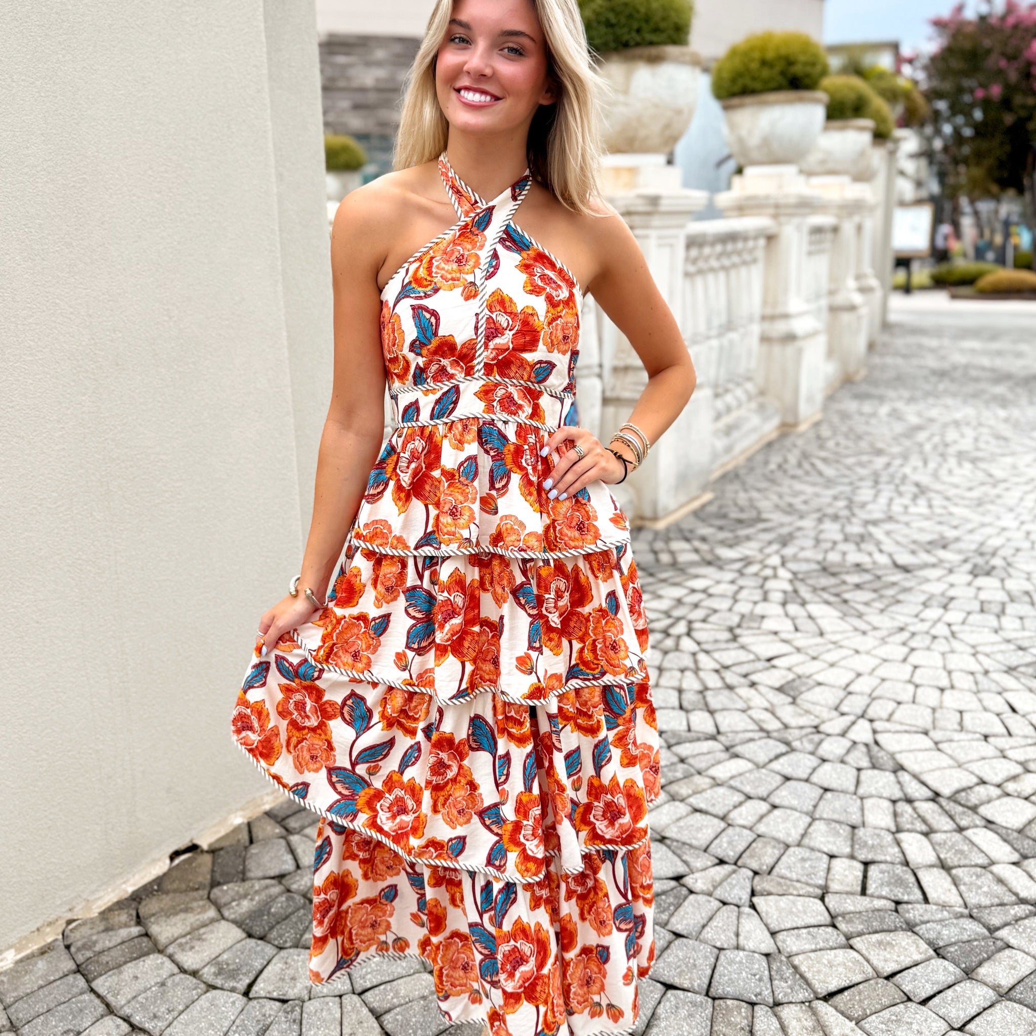 Blue and Orange Floral Tiered Ruffle Maxi Dress