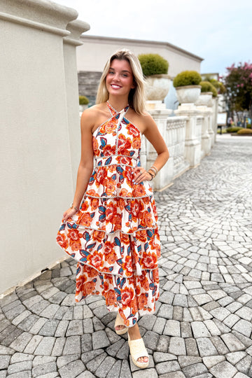 Blue and Orange Floral Tiered Ruffle Maxi Dress