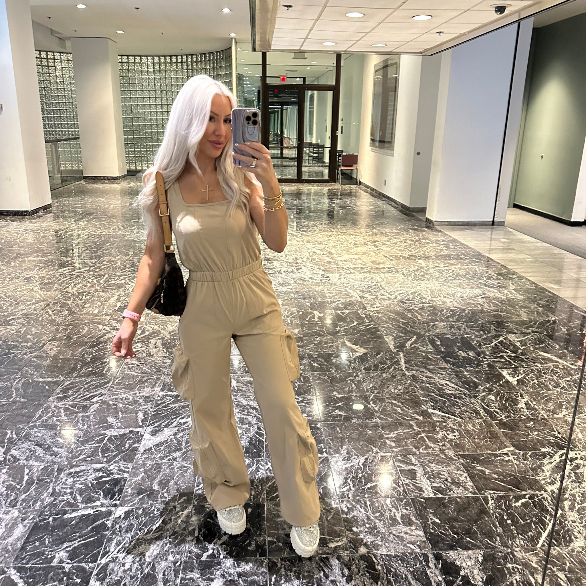 Sleeveless Tan Cargo Jumpsuit