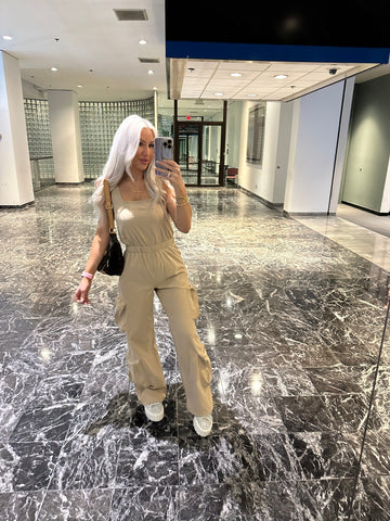 Sleeveless Tan Cargo Jumpsuit