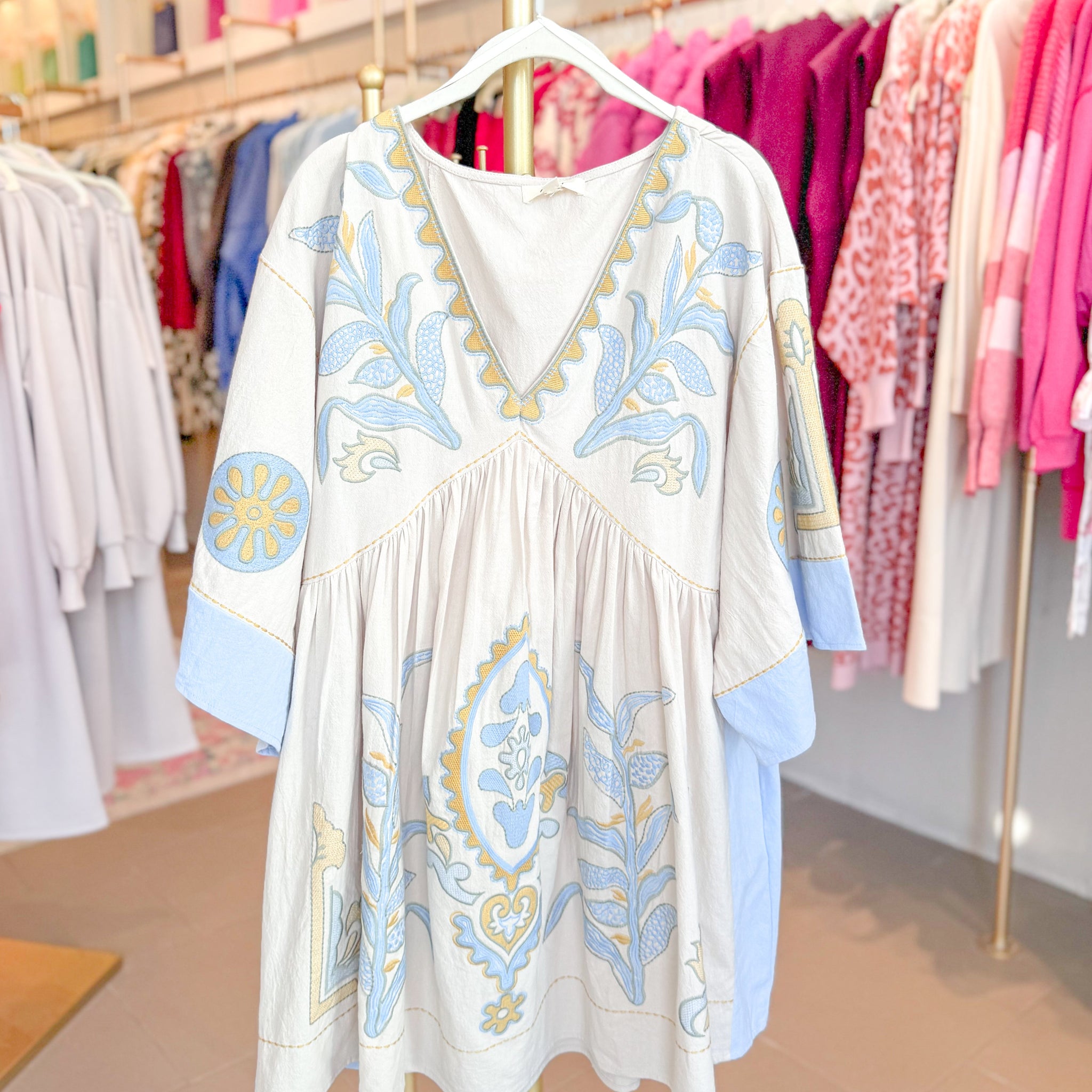 Baby Blue Floral Embroidered Mini Dress