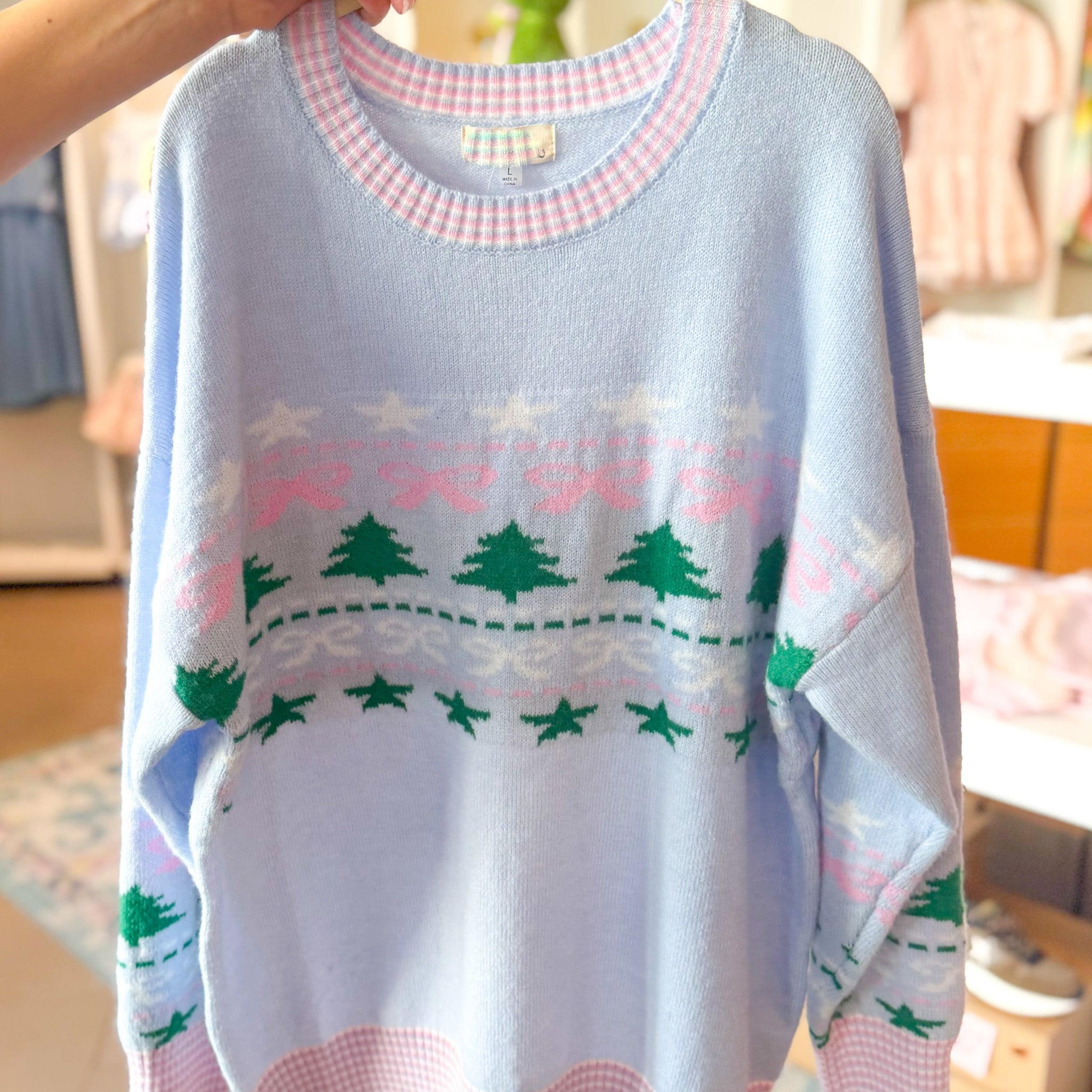 Blue Christmas Tree and Bow Patterned Sweater
