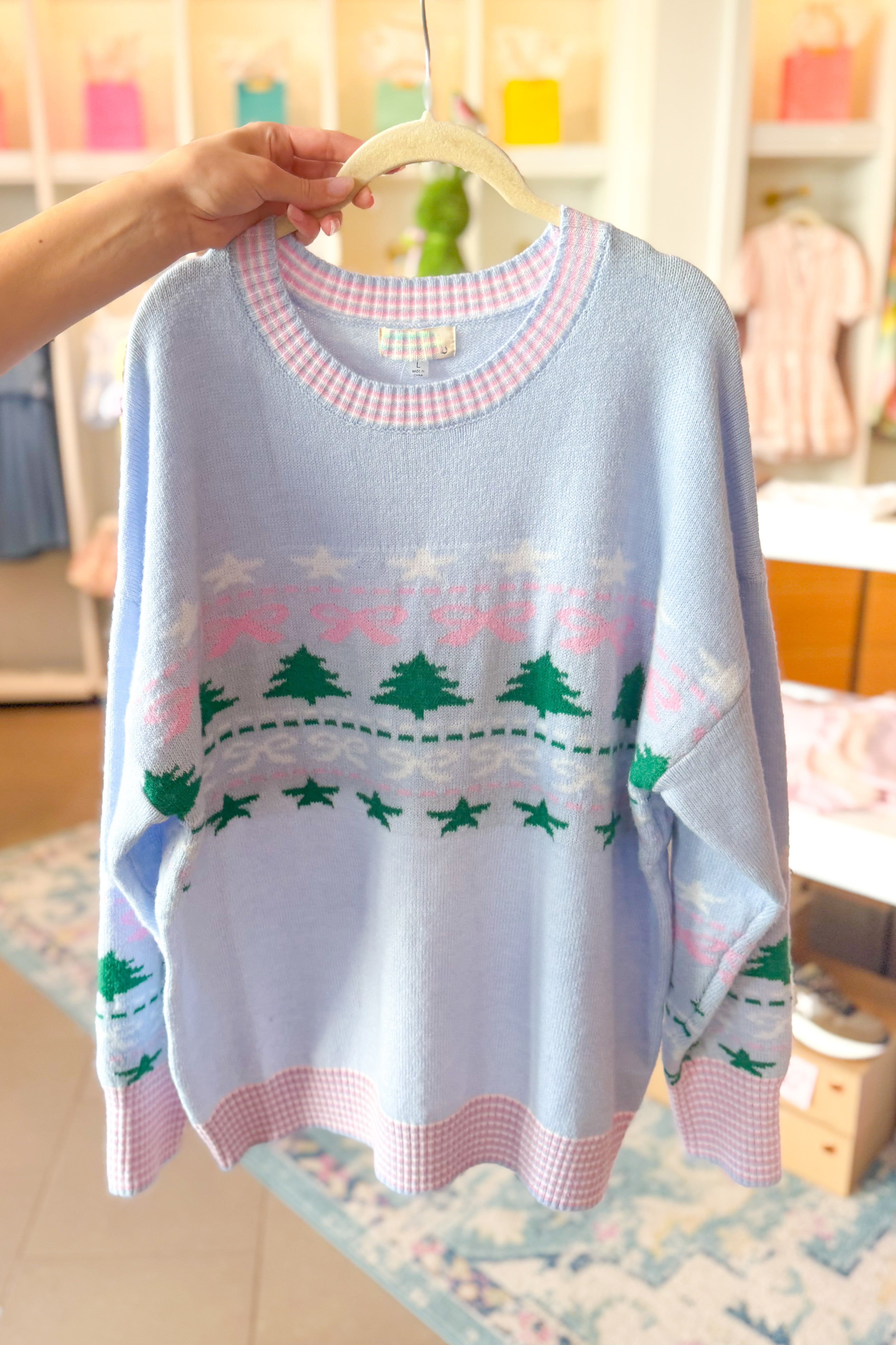Blue Christmas Tree and Bow Patterned Sweater