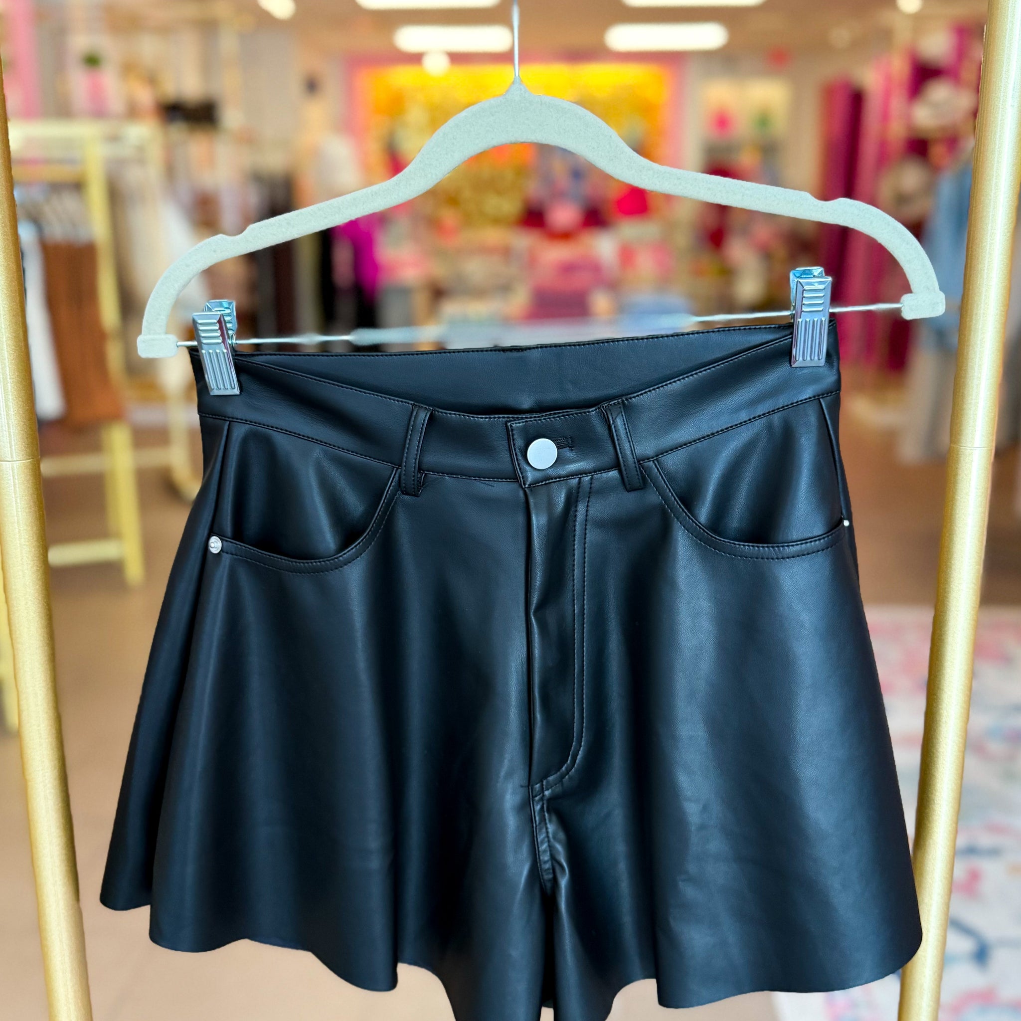 Black Flare Faux Leather Shorts