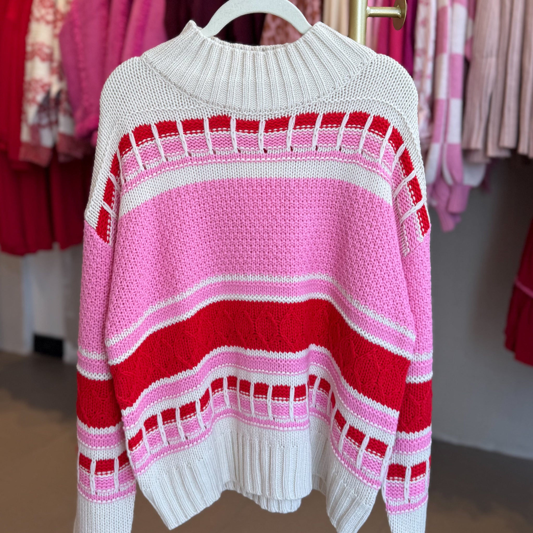 Pink and Red Striped Turtleneck Sweater