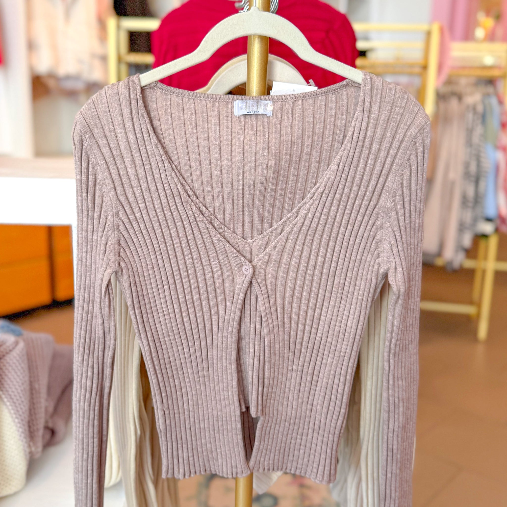 Mocha Ribbed Front Tie Sweater