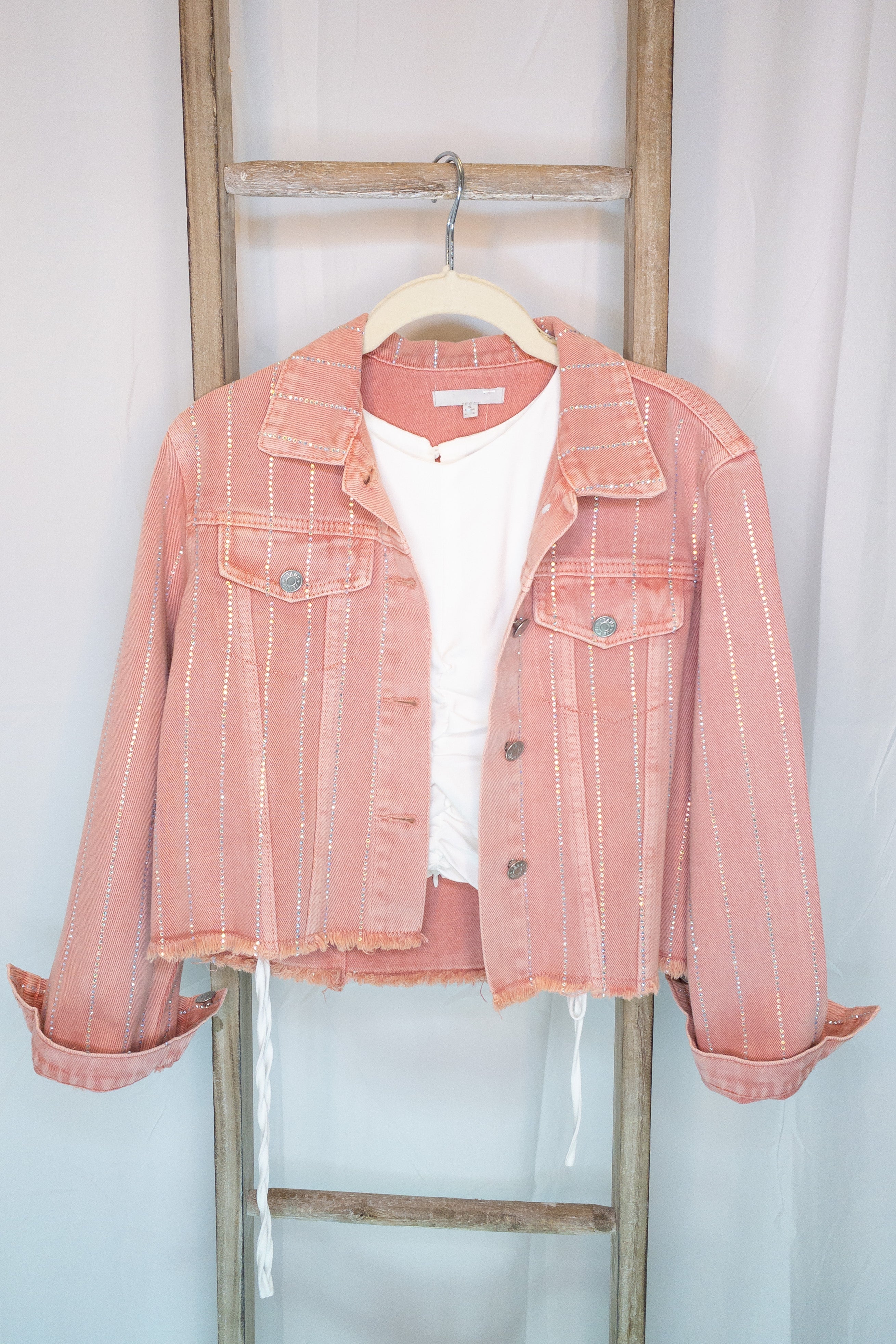 Pink Kyler Rhinestone Raw Hem Denim Jacket