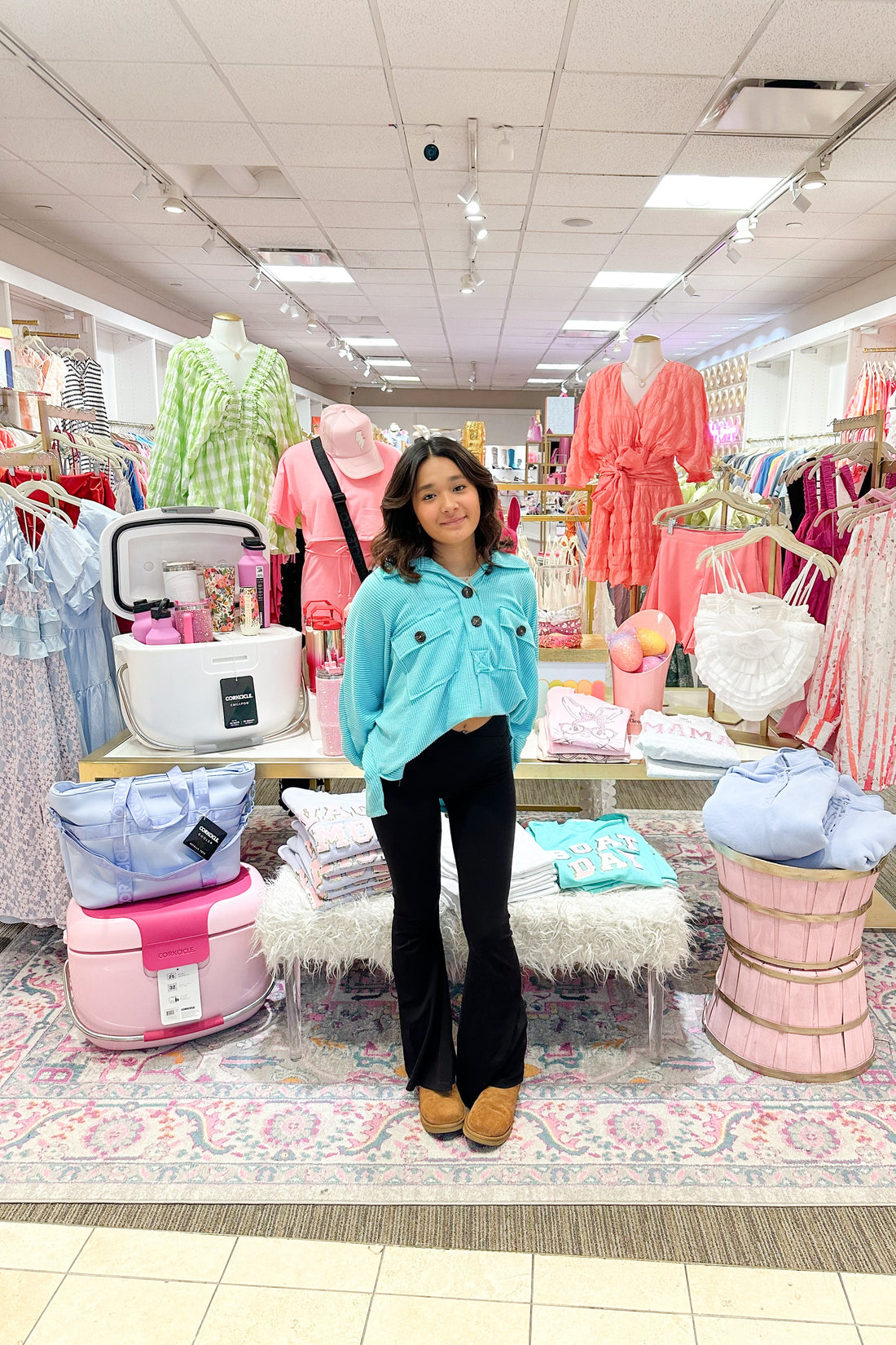 Aqua Blue Oversized Ribbed Button Up Top