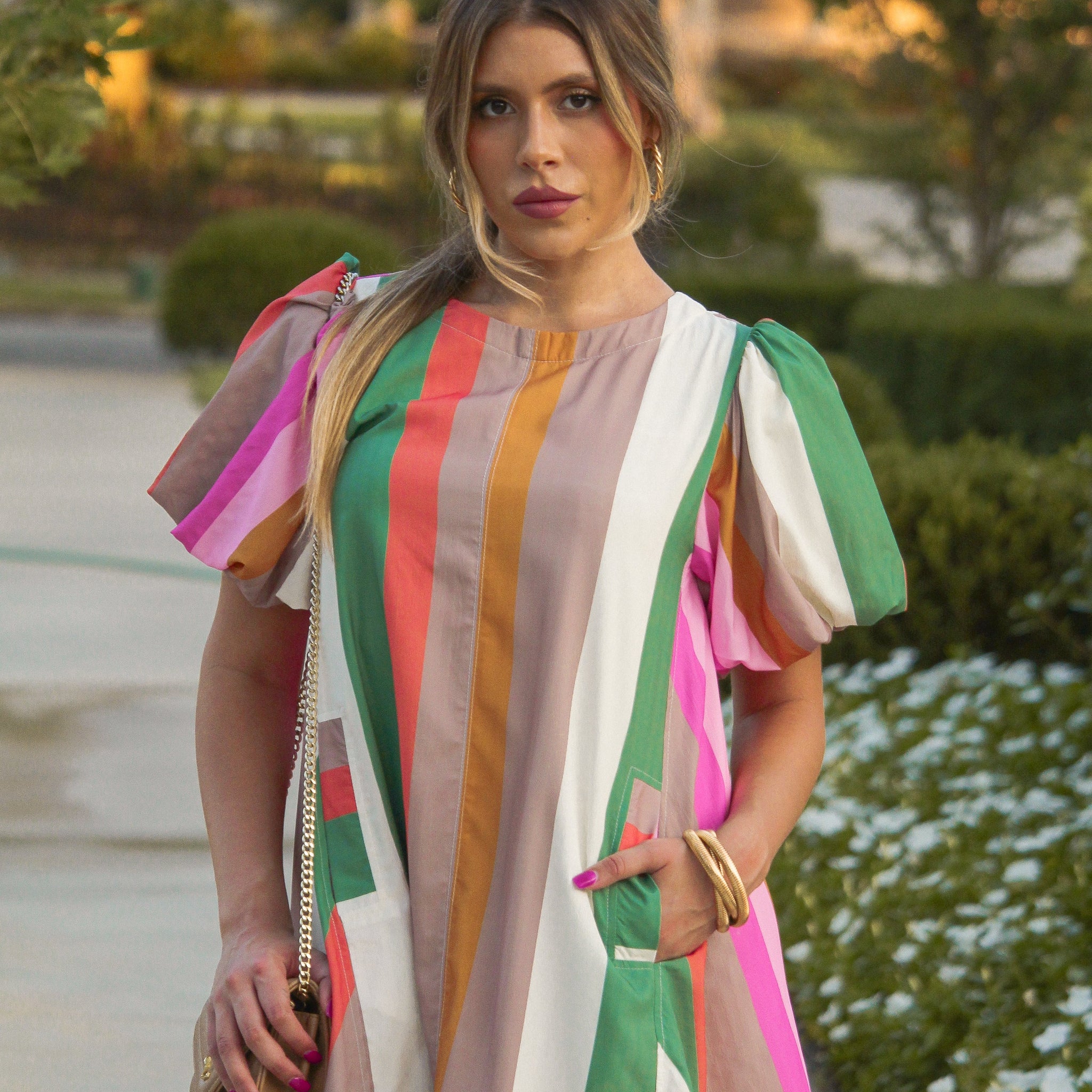 Autumn Harvest Multi Stripe A-Line Short Sleeve Dress