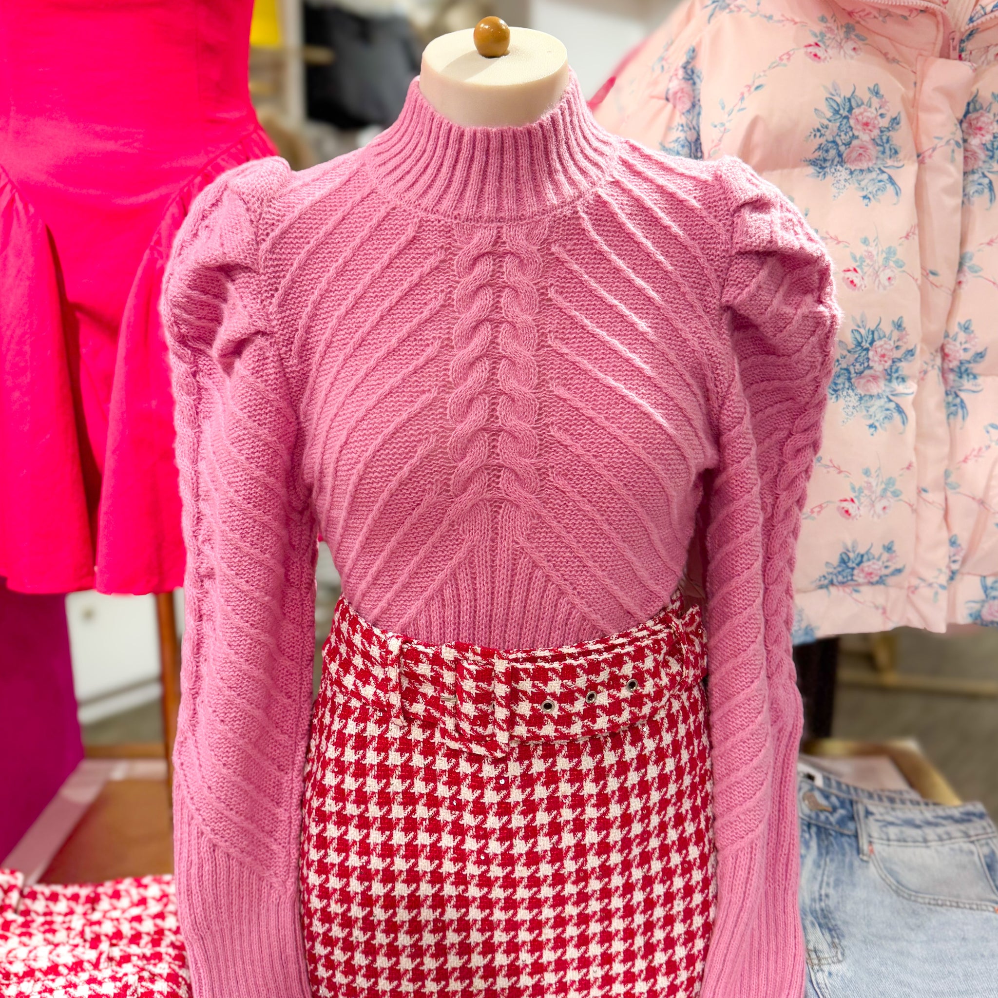 Pink Cable Knit Puff Sleeve Sweater