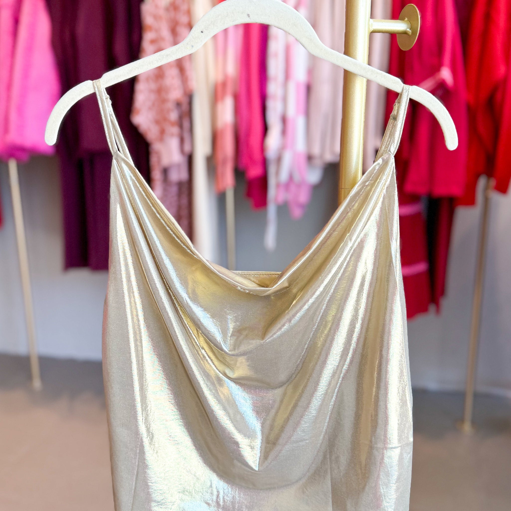 Gold Metallic Cowl Neck Tank Top