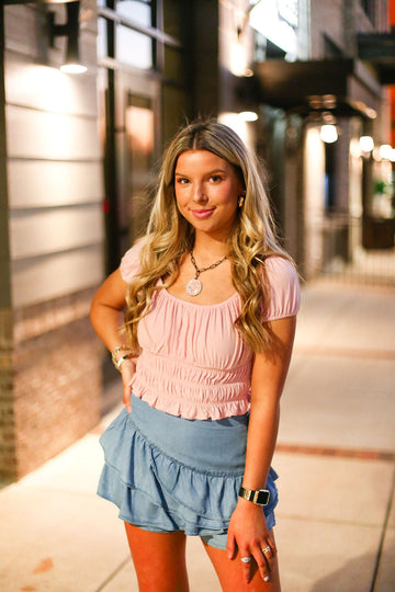 Baby Pink Smocked Puff Sleeve Blouse