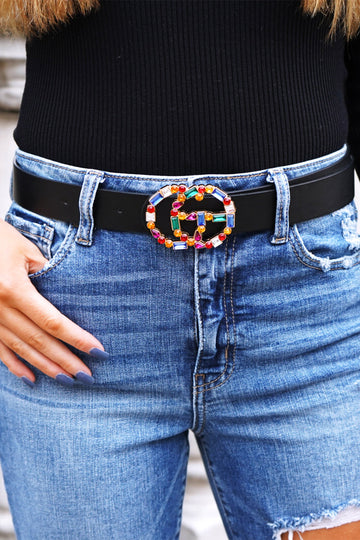 Black Faux Leather G Belt With Colorful Rhinestone Buckle
