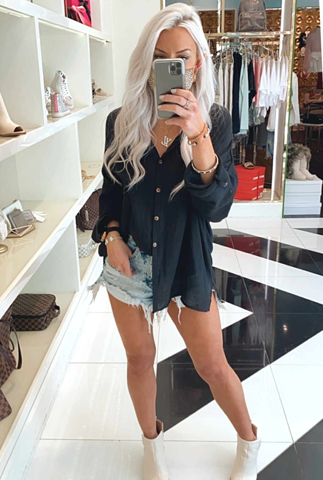Black Long Sleeve Button Down Tunic Top