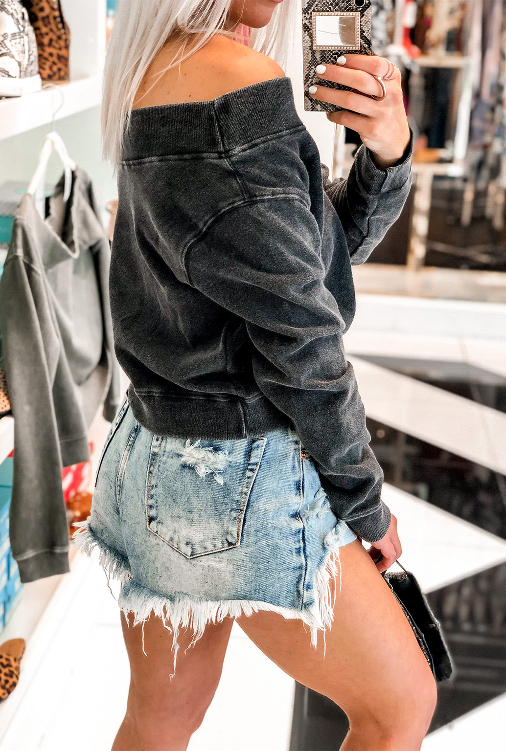 Black Off The Shoulder Mineral Wash Pullover