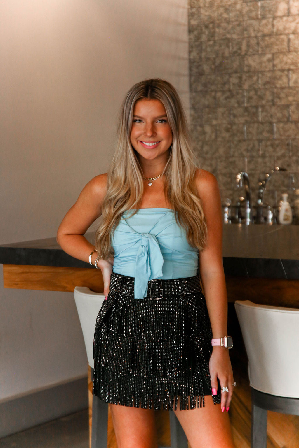 Blue Front Tie Tube Top