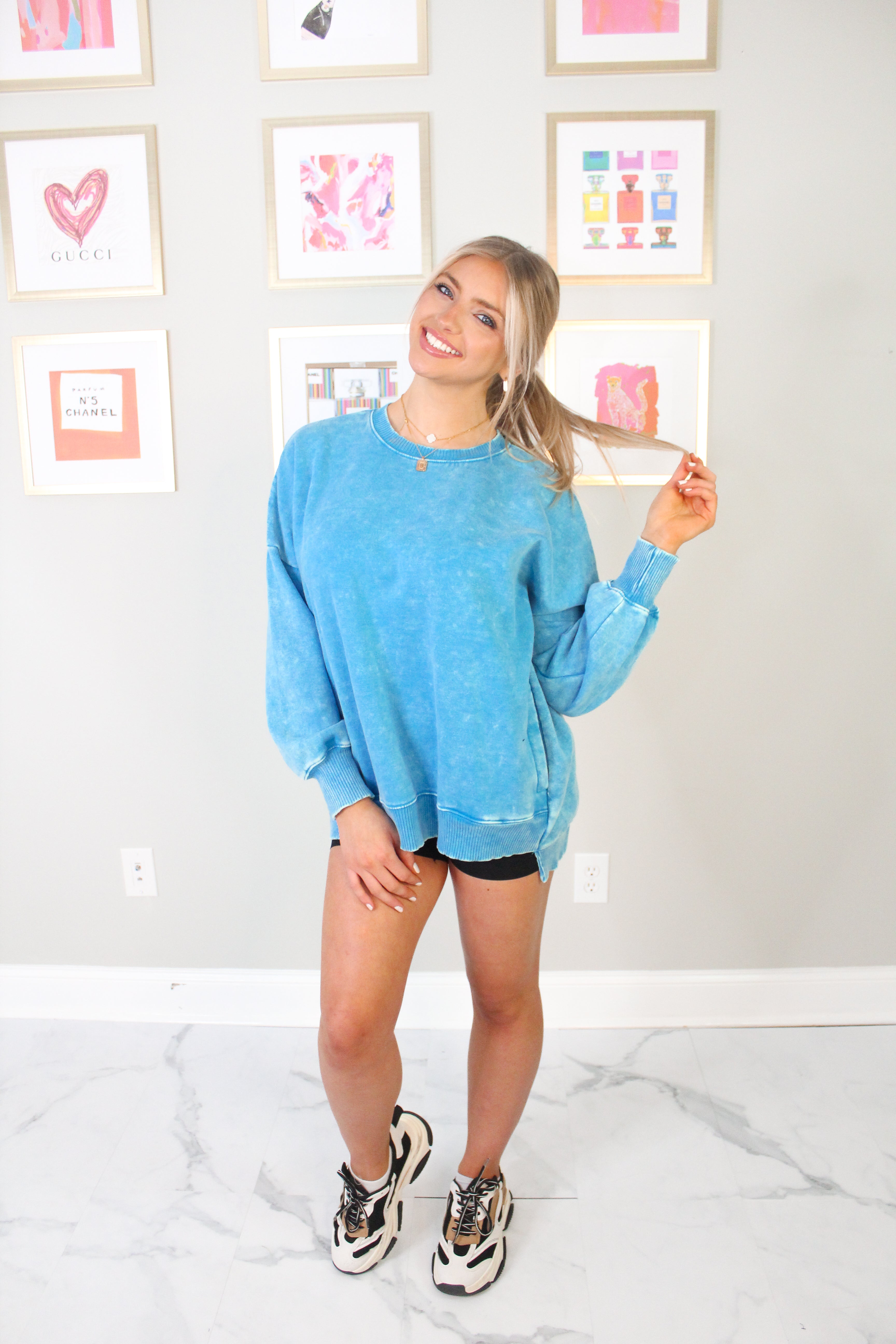 Blue High Low Acid Wash Fleece Sweatshirt