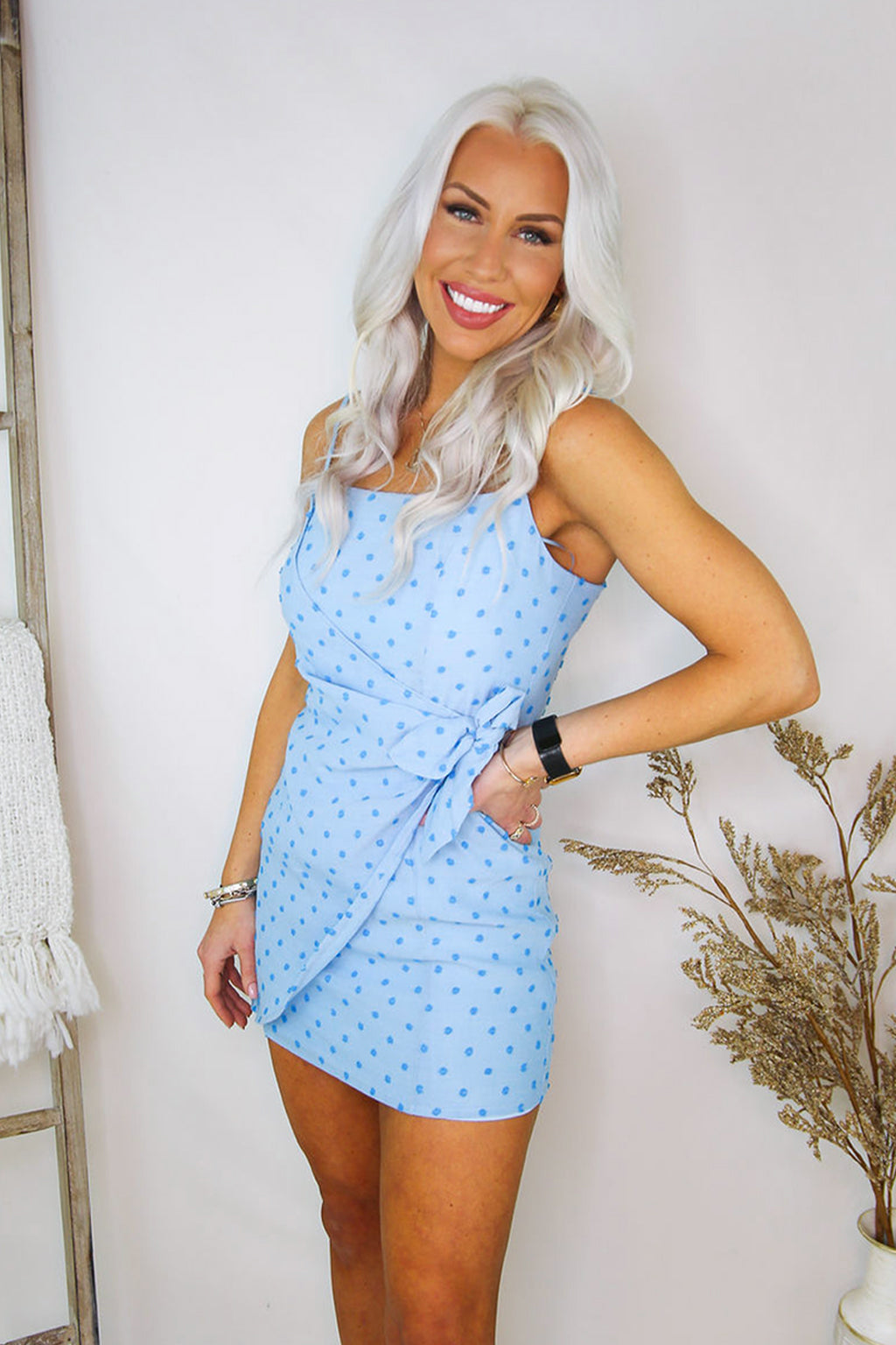 Blue Polka Dot Wrap Mini Dress