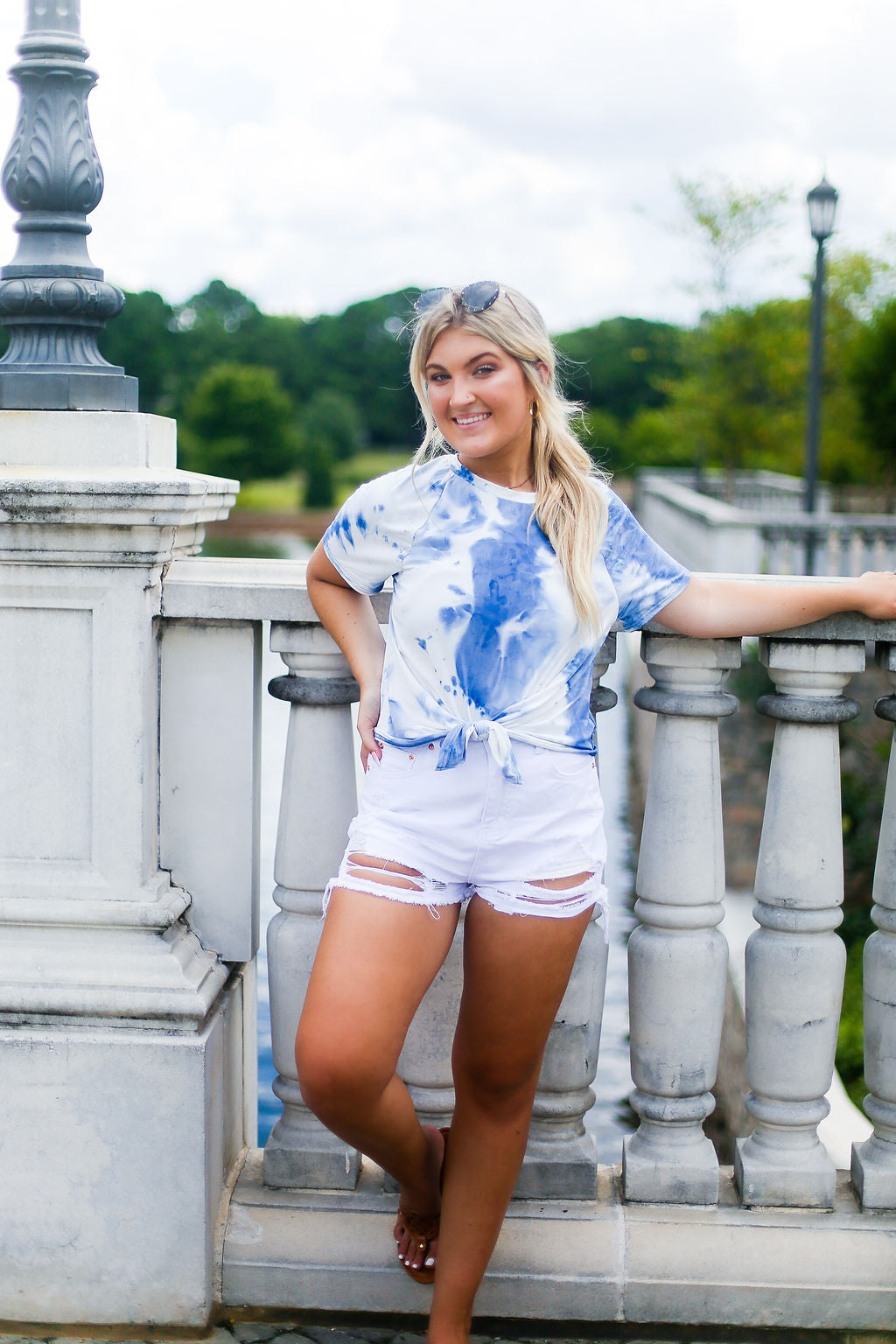 Blue Tie Dye Front Tie T-Shirt