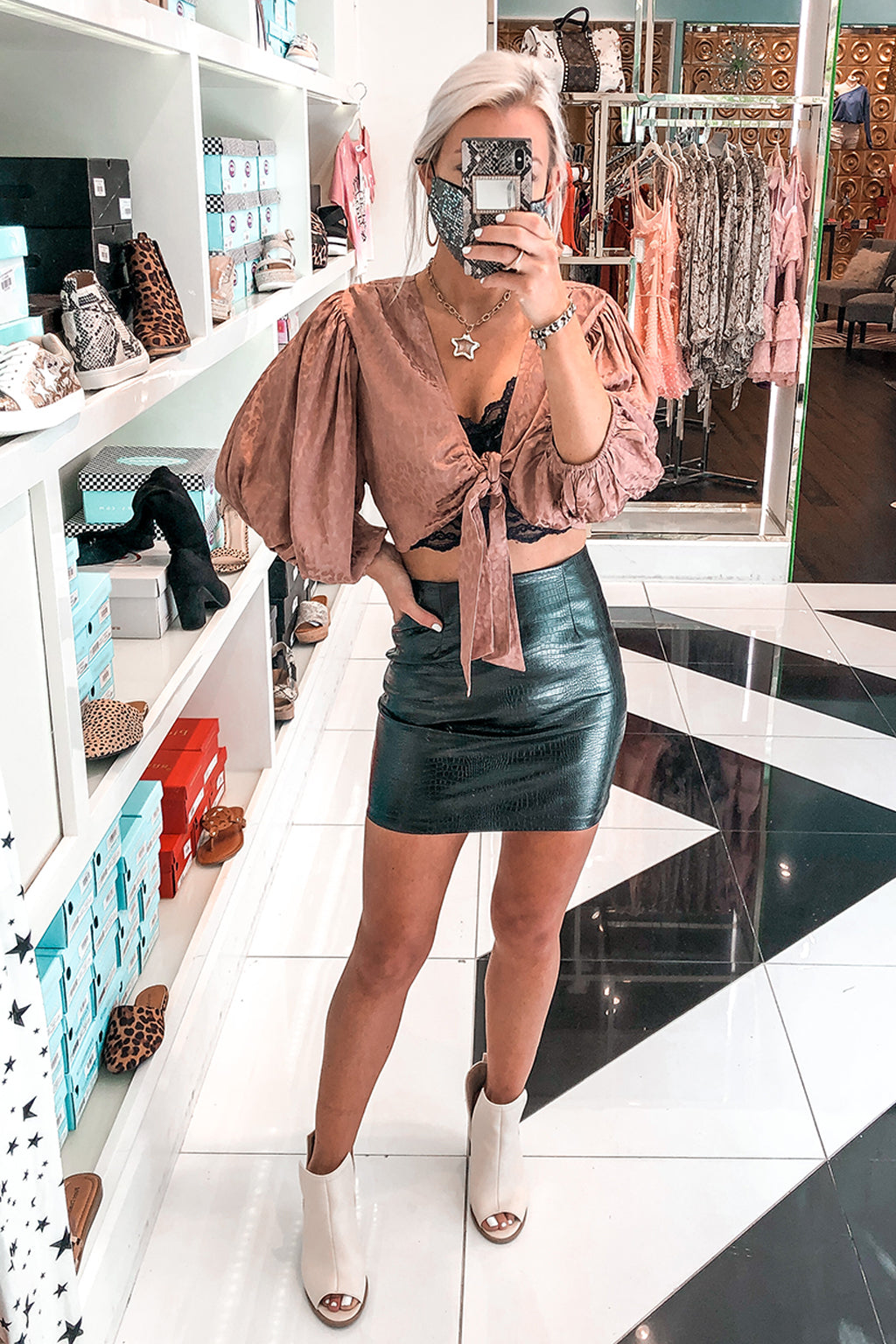 Blush Silky Leopard Front Tie Top