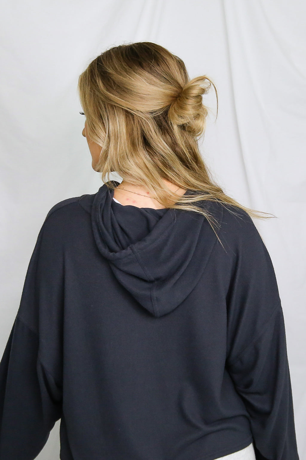 Brushed Balloon Sleeve Cropped Hoodie - Charcoal