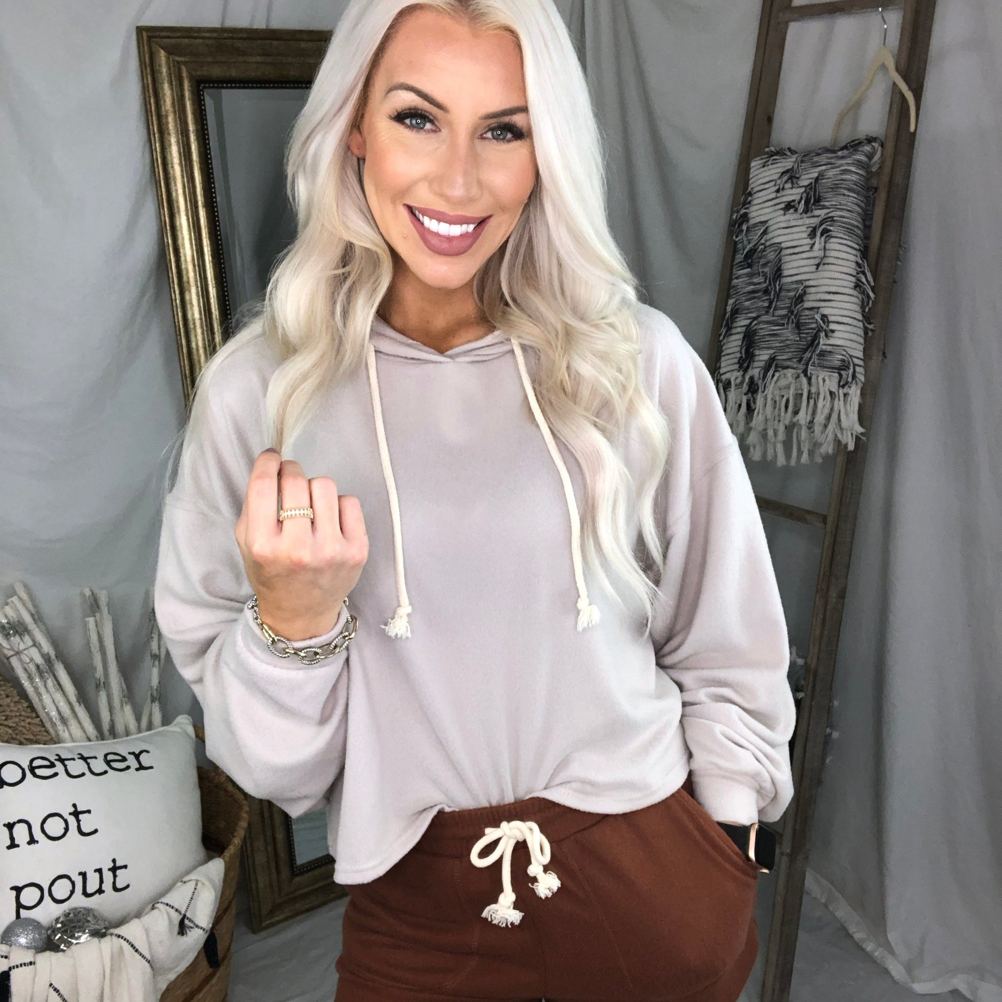 Brushed Balloon Sleeve Cropped Hoodie - Alpaca