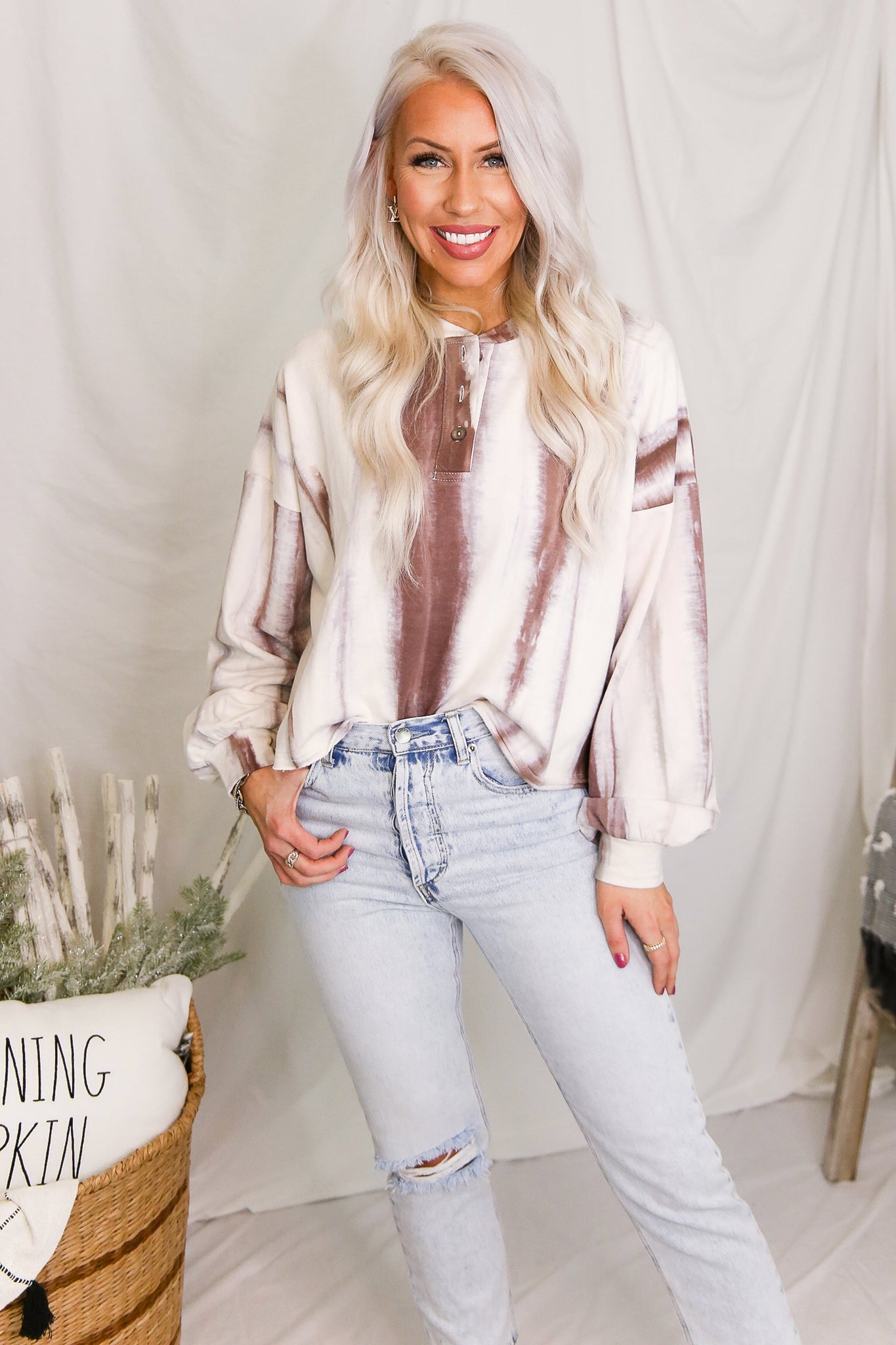 Button Up Ivory Mocha Tie Dye Top