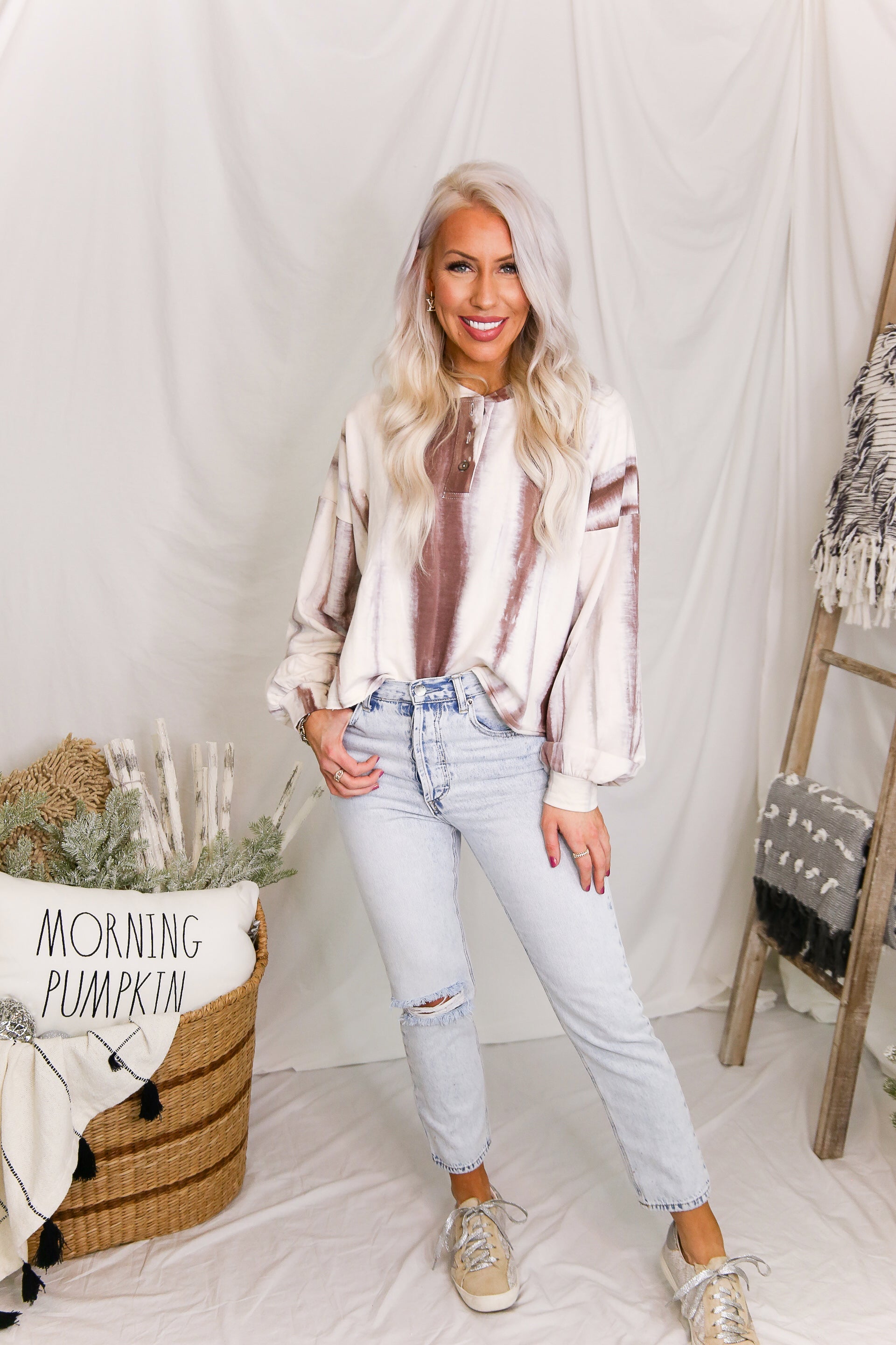 Button Up Ivory Mocha Tie Dye Top