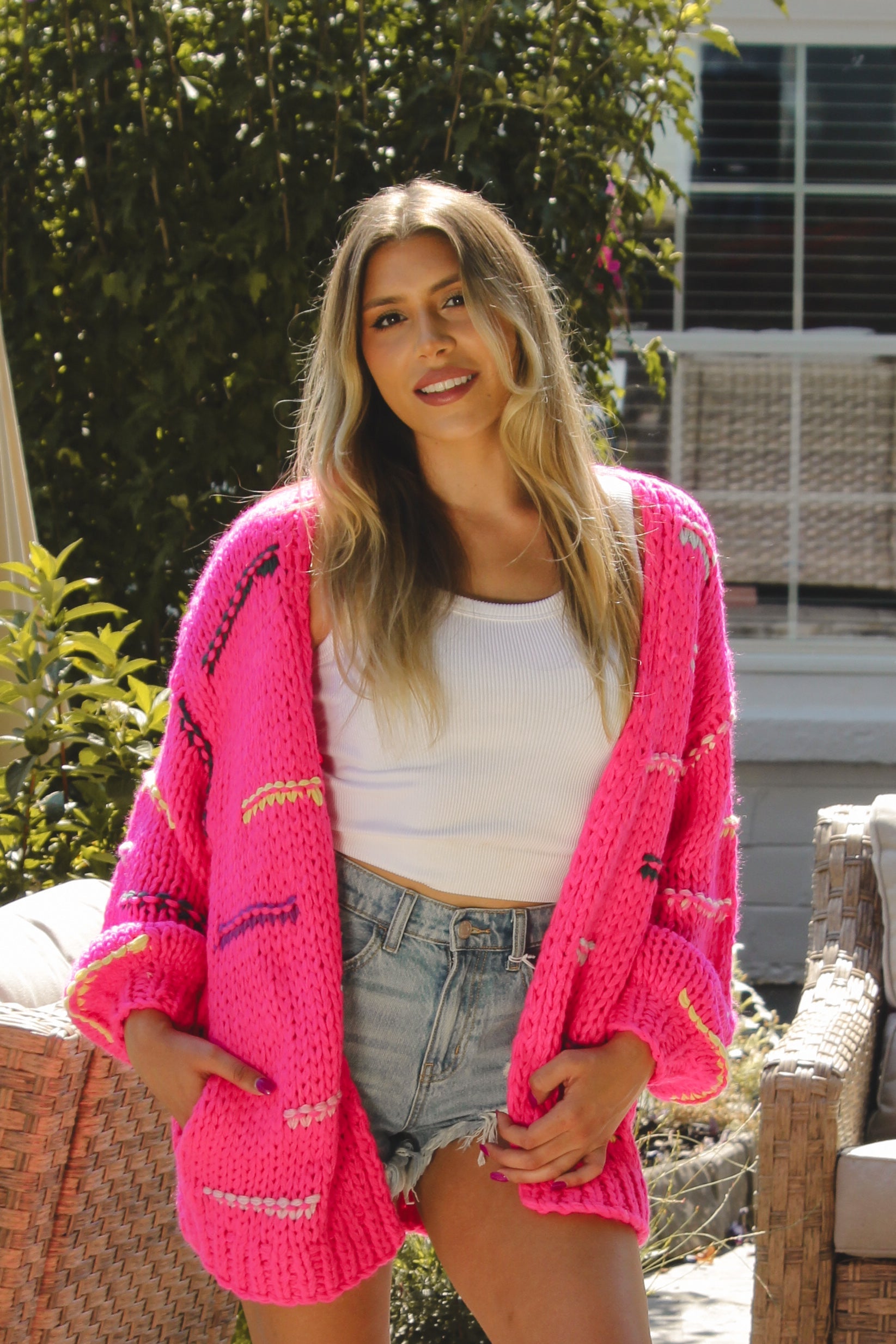 Hot Pink Multi Color Chunky Knit Cardigan