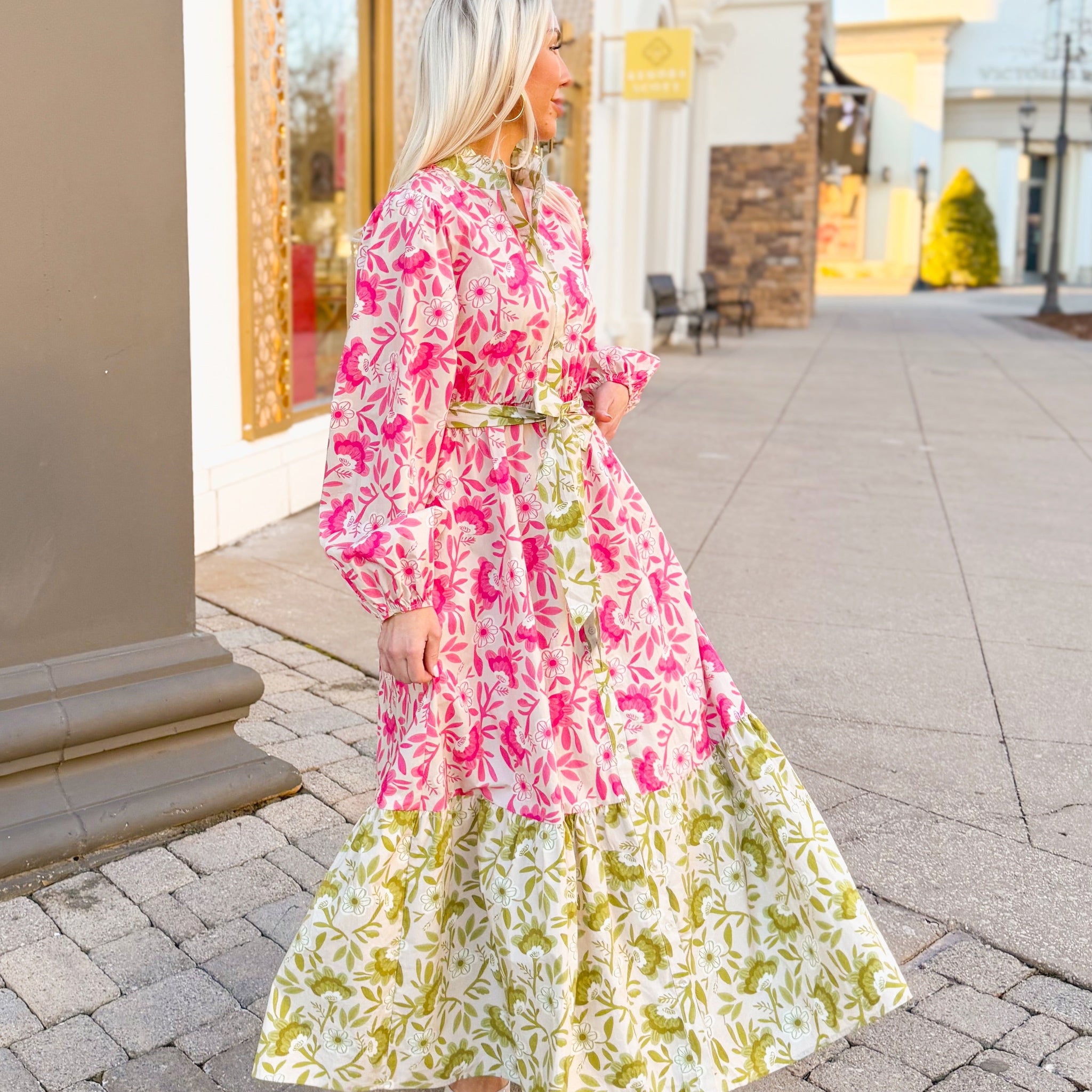 Pink and Green Floral Long Sleeve Maxi Dress