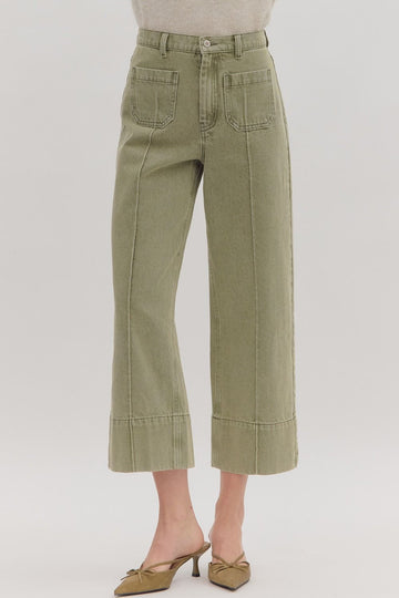 Olive Green Front Pocket Straight Leg Jeans