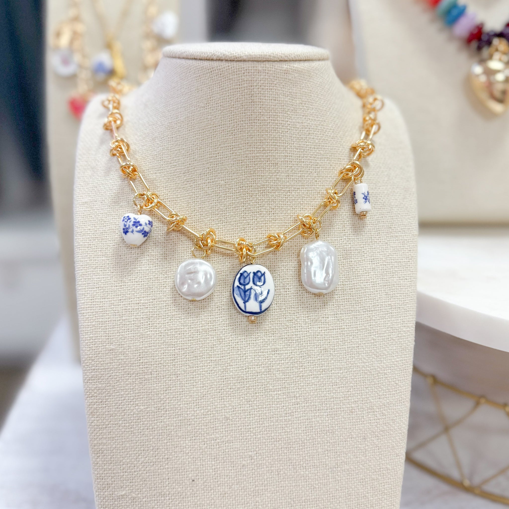 Blue & White Charm Necklace With Knotted Chain