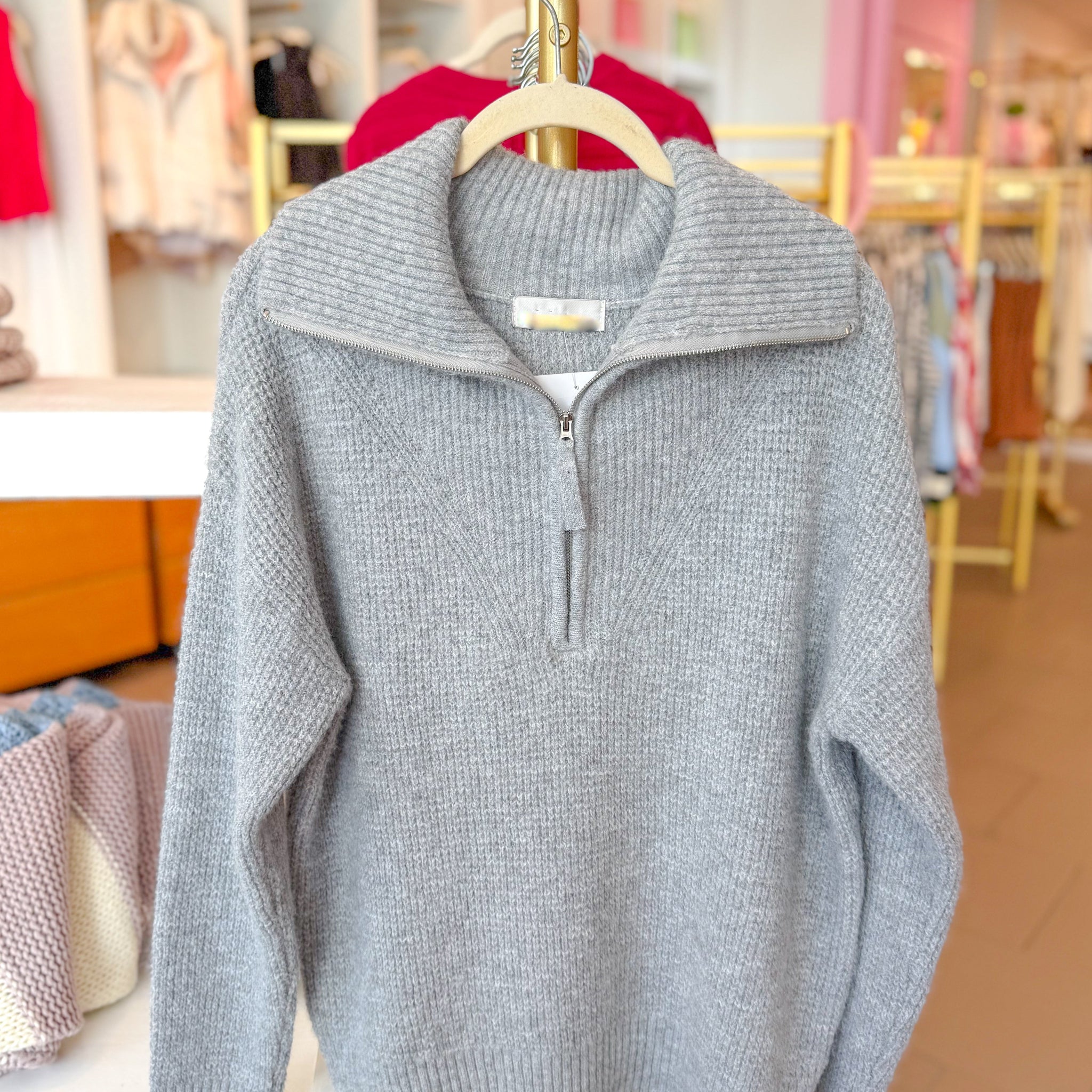 Grey Half Zip Collared Knit Sweater