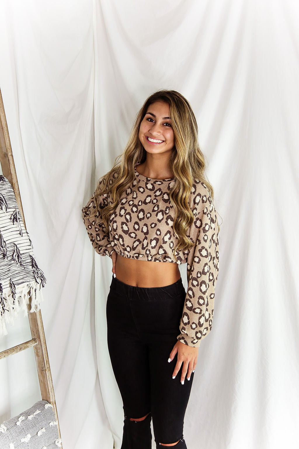 Cheetah Long Sleeve Waffle Crop Top
