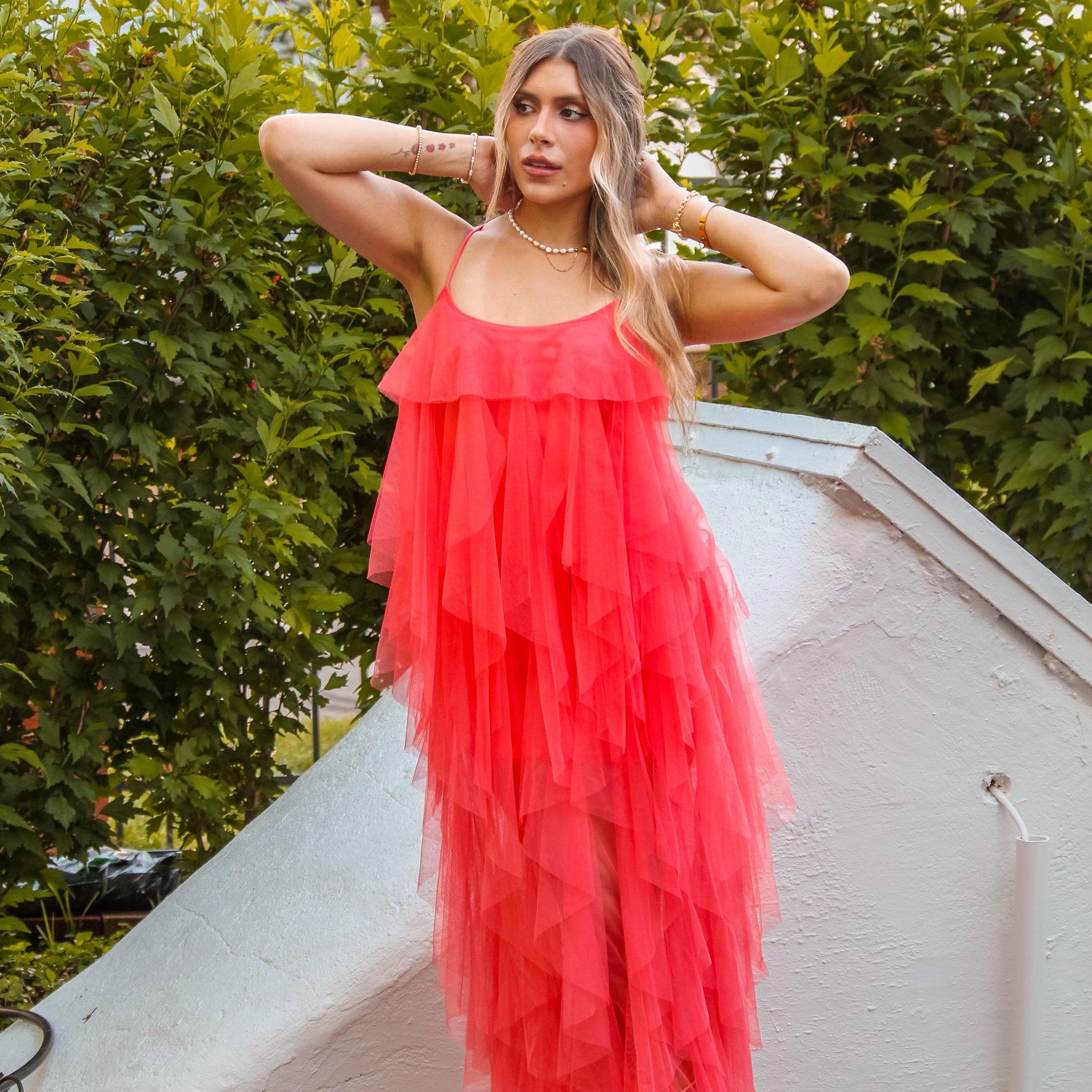 Coral Mesh Ruffle Maxi Dress