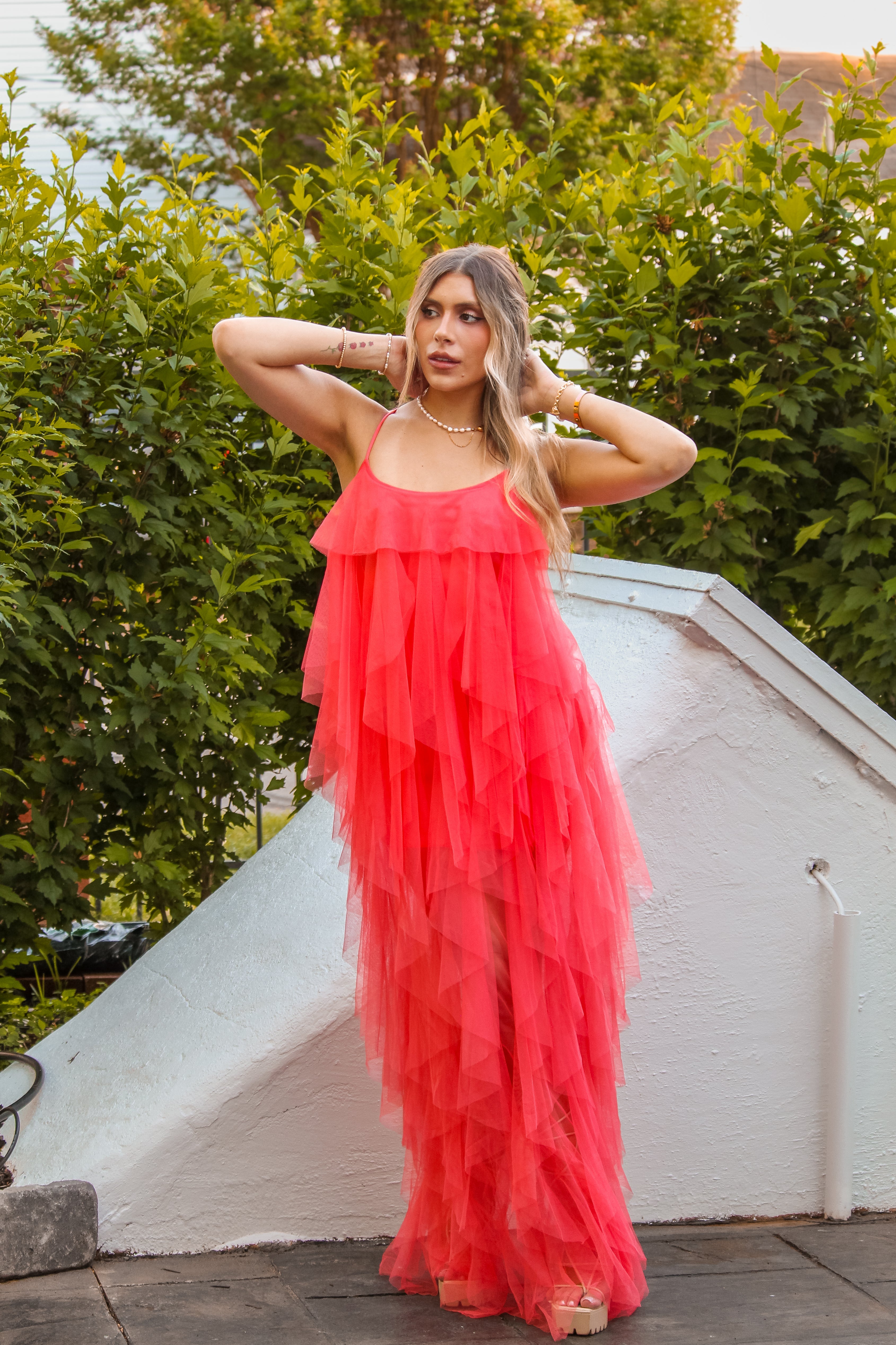 Coral Mesh Ruffle Maxi Dress