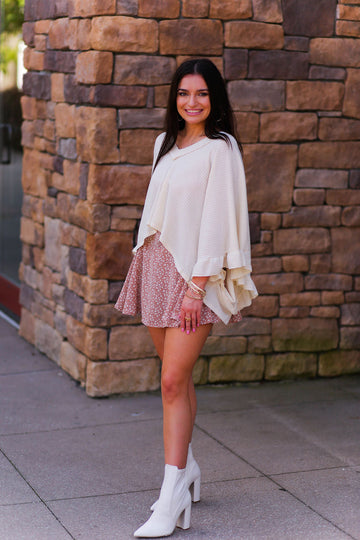 Cream Ruffle Sleeve Waffle Knit Top
