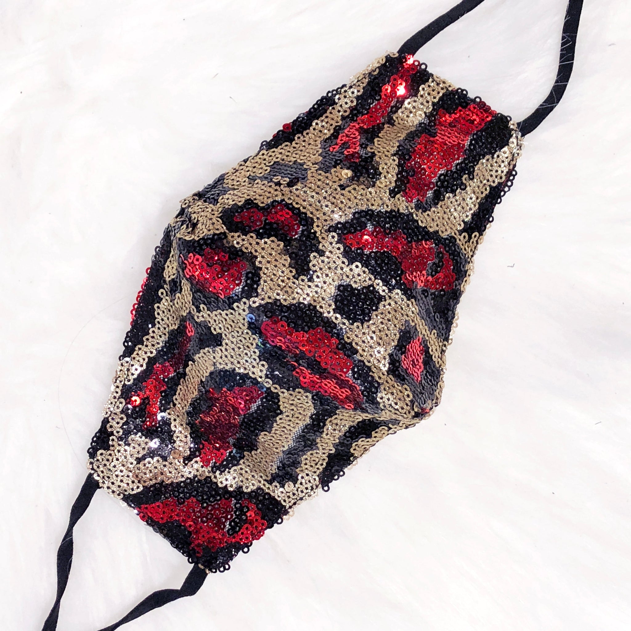 Crimson Red And Gold Leopard Sequin Face Mask