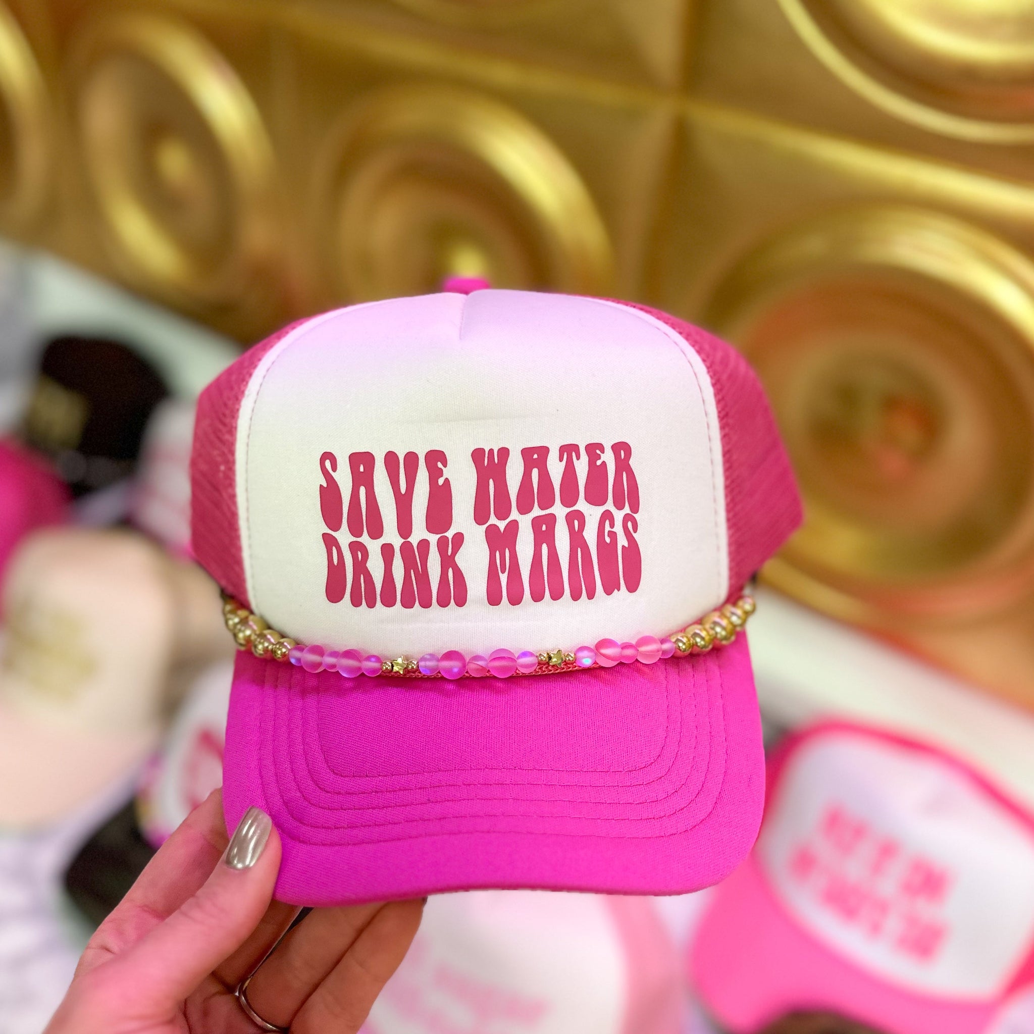 Save Water Drink Margs Pink Trucker Hat With Chain