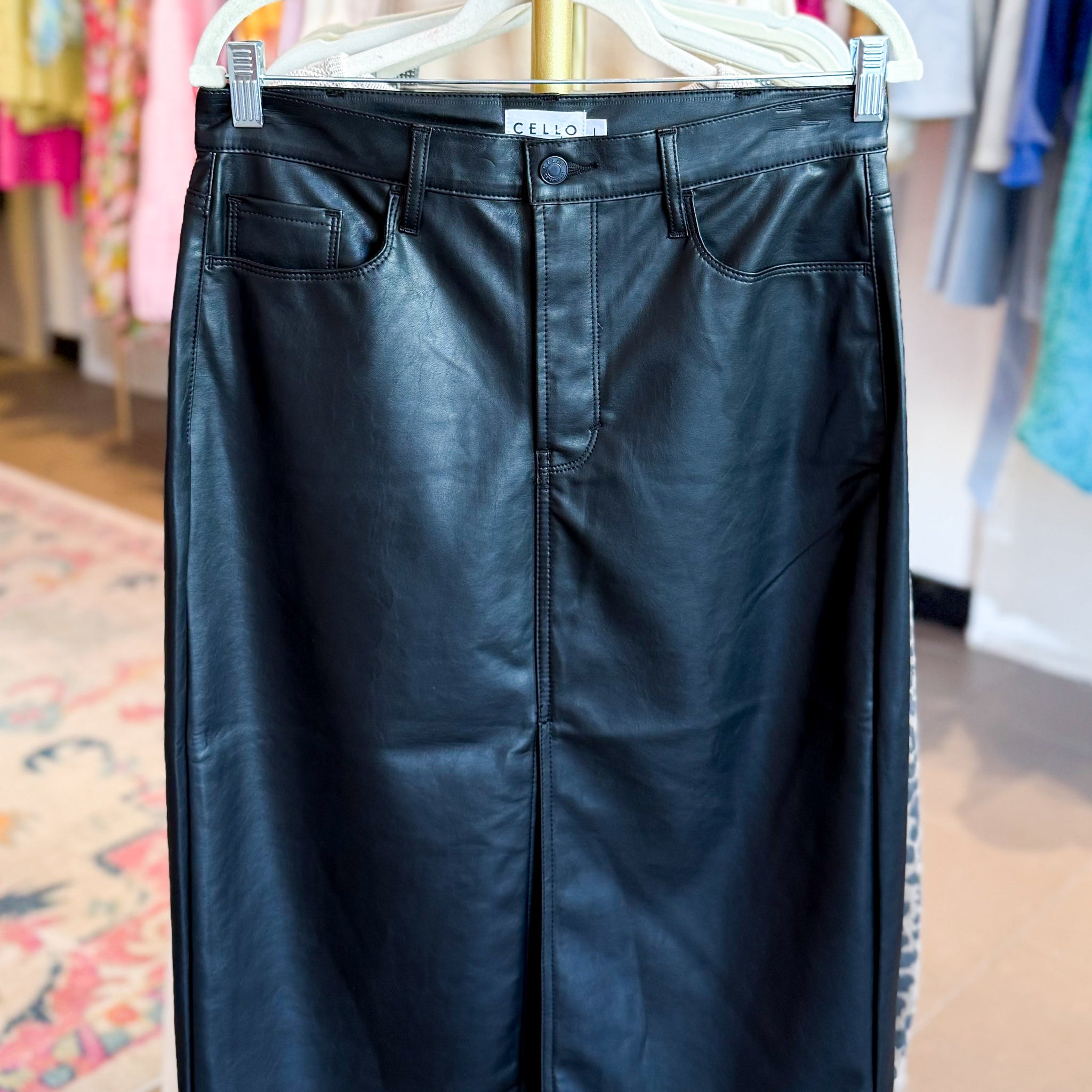 Black Faux Leather Midi Skirt