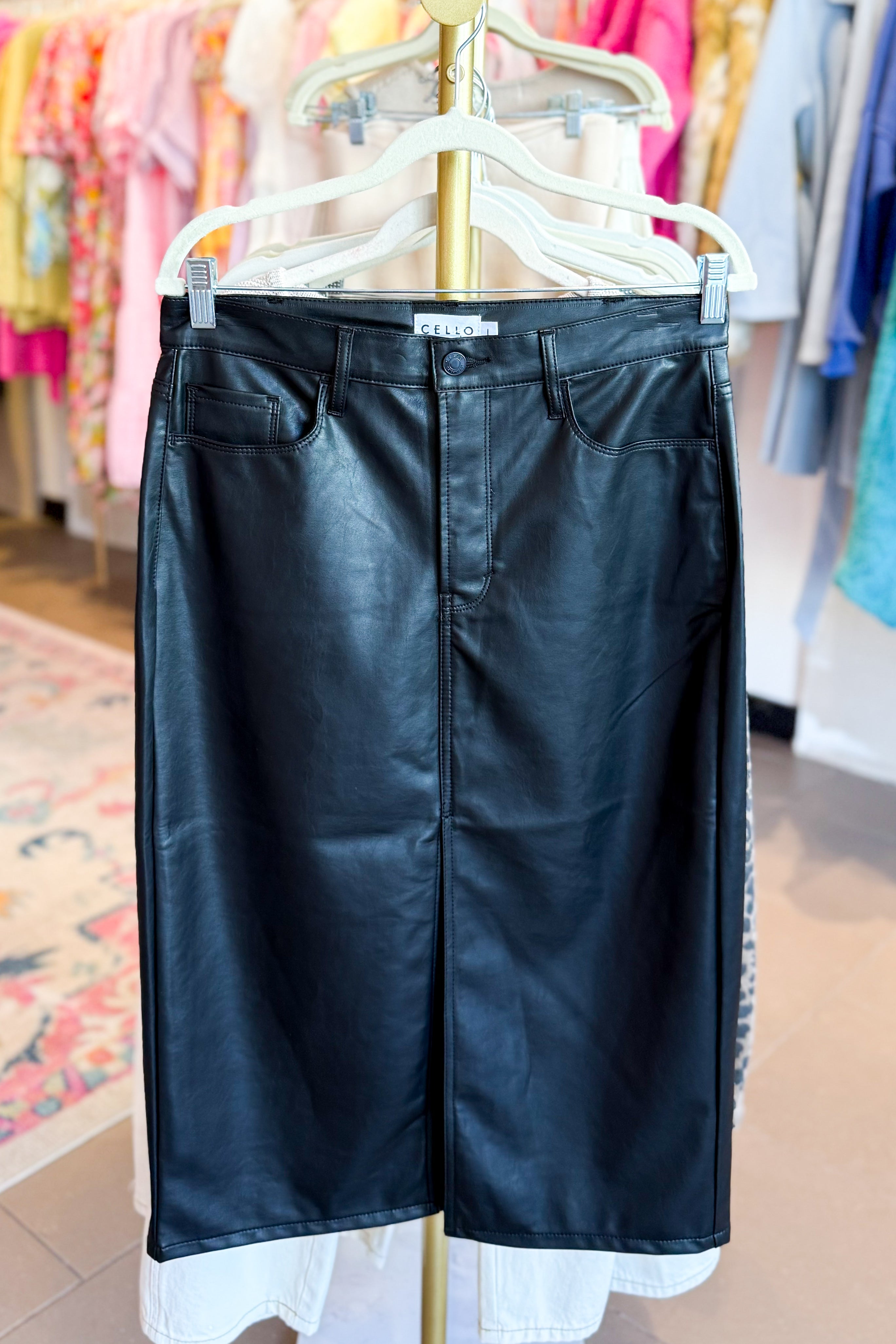 Black Faux Leather Midi Skirt